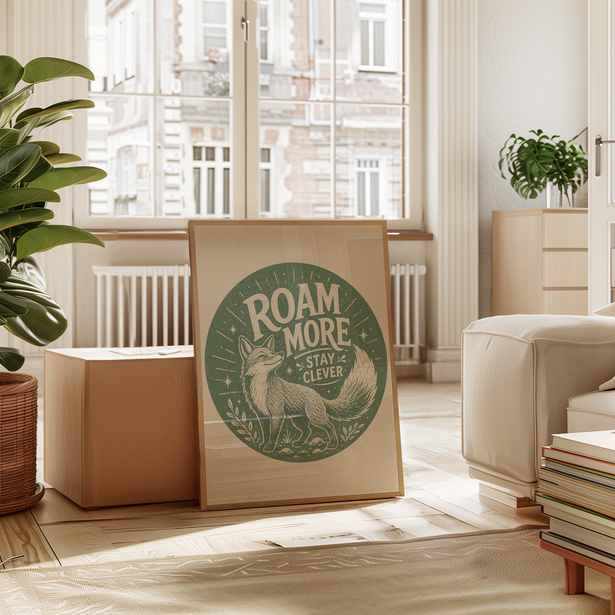 Roam More Stay Clever Fox Print: Vintage Green Typography Poster - interior