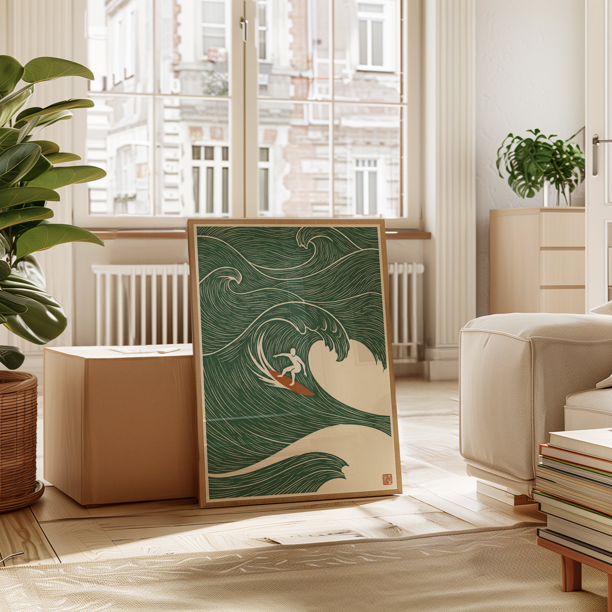 Japanese Wave Surfer Print: Minimalist Green Ocean Art - interior