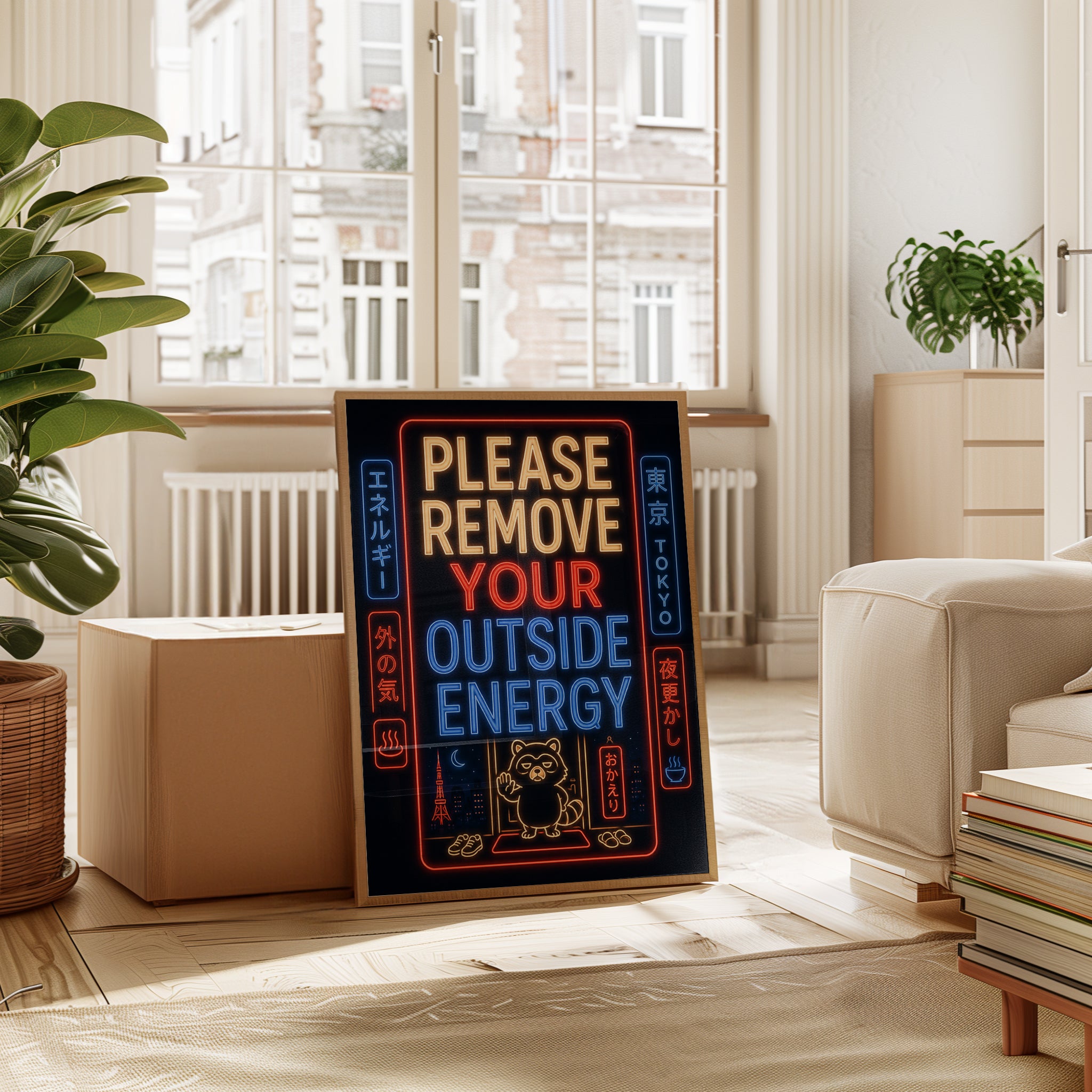 Tokyo Neon Sign Art Print: Remove Your Outside Energy Raccoon - interior