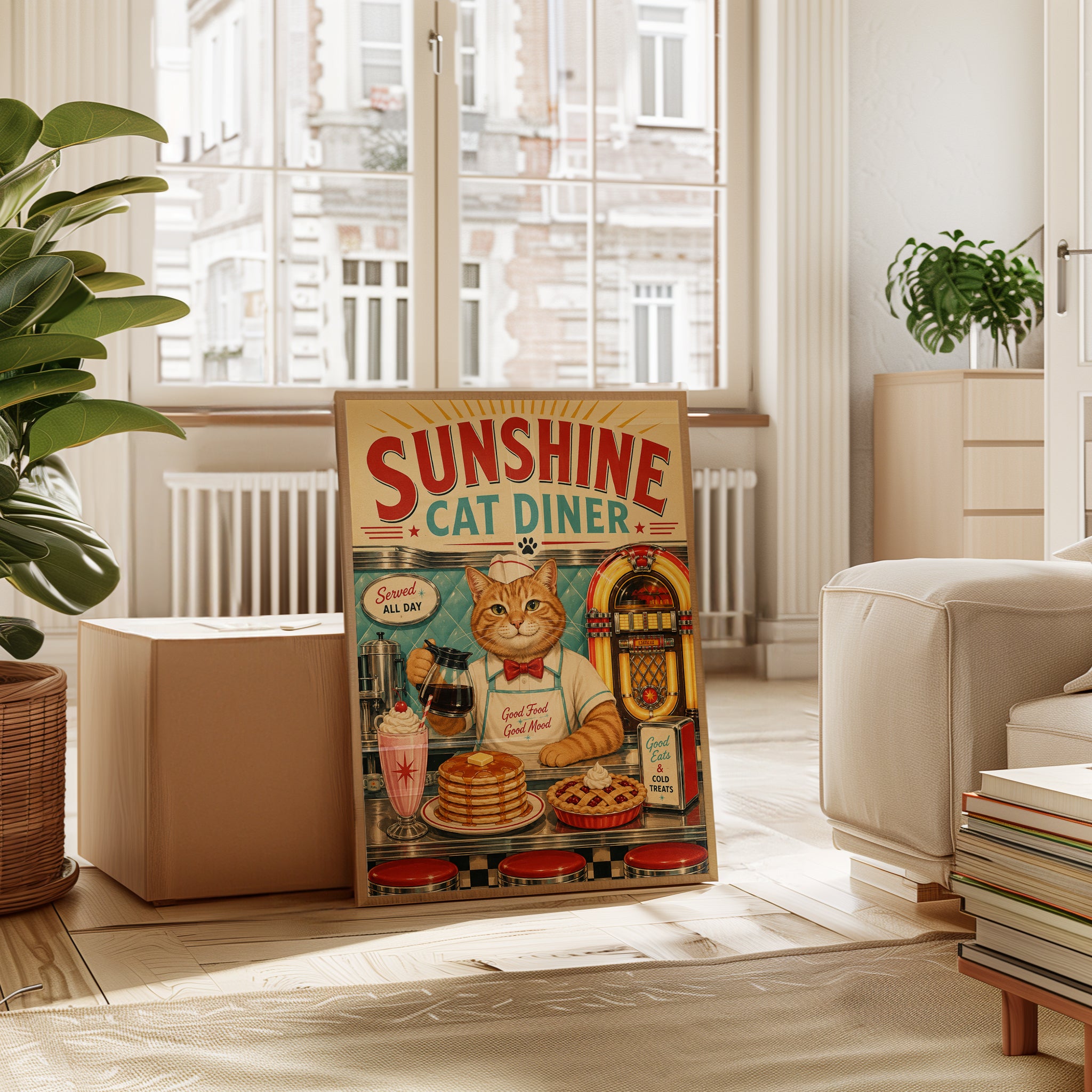 Retro Cat Diner Poster – Vintage Kitchen Wall Art - interior