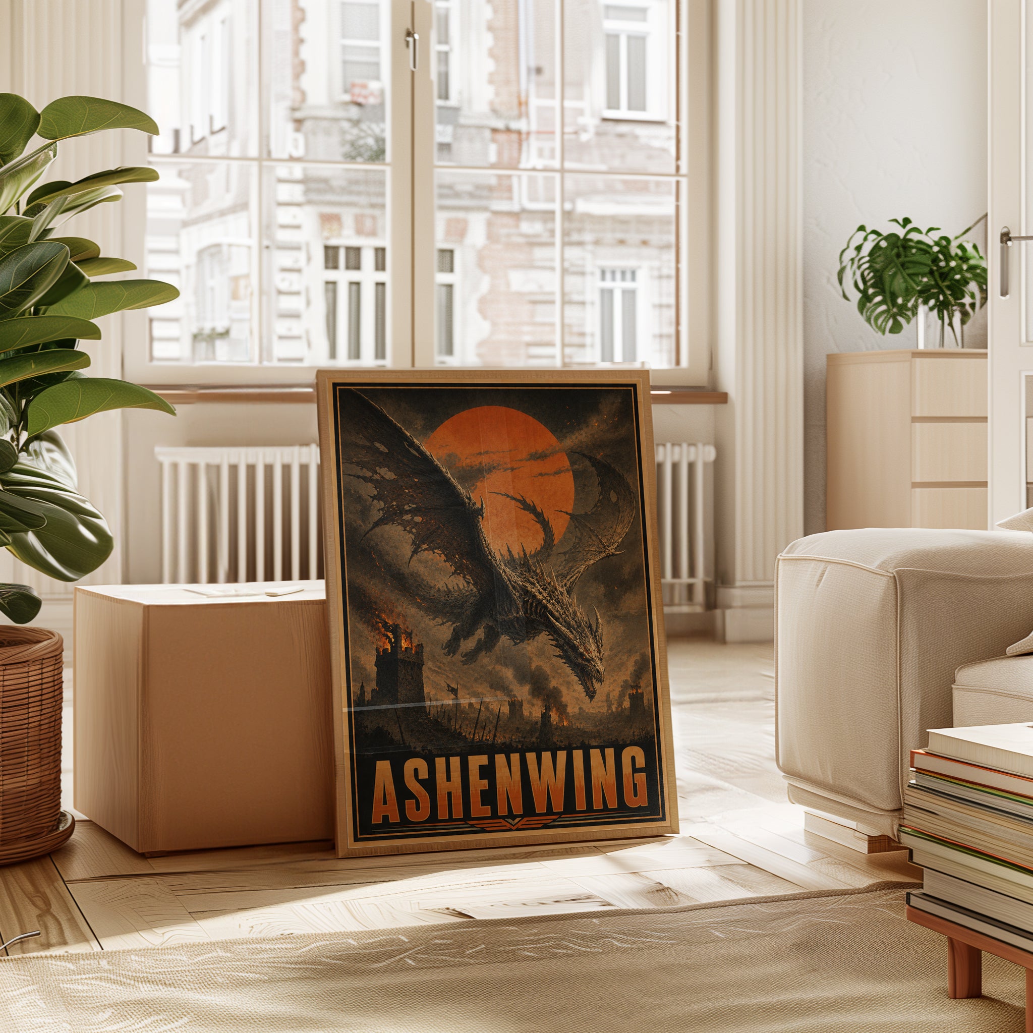 Dragon Silhouette Wall Art: Vintage Fantasy Poster with Orange Sun - interior