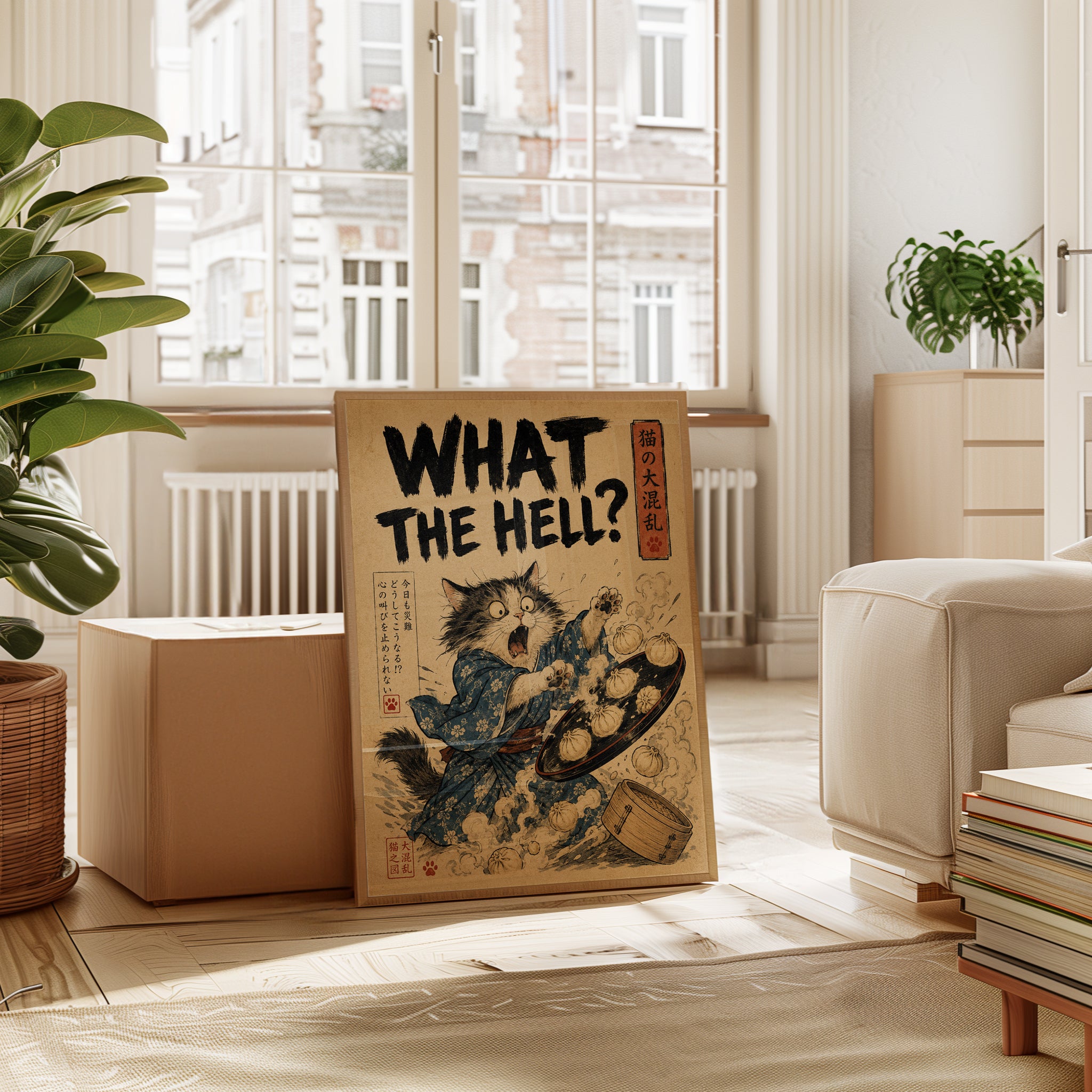 Japanese Cat Ukiyo-e Print: What The Hell Meme Wall Art - interior