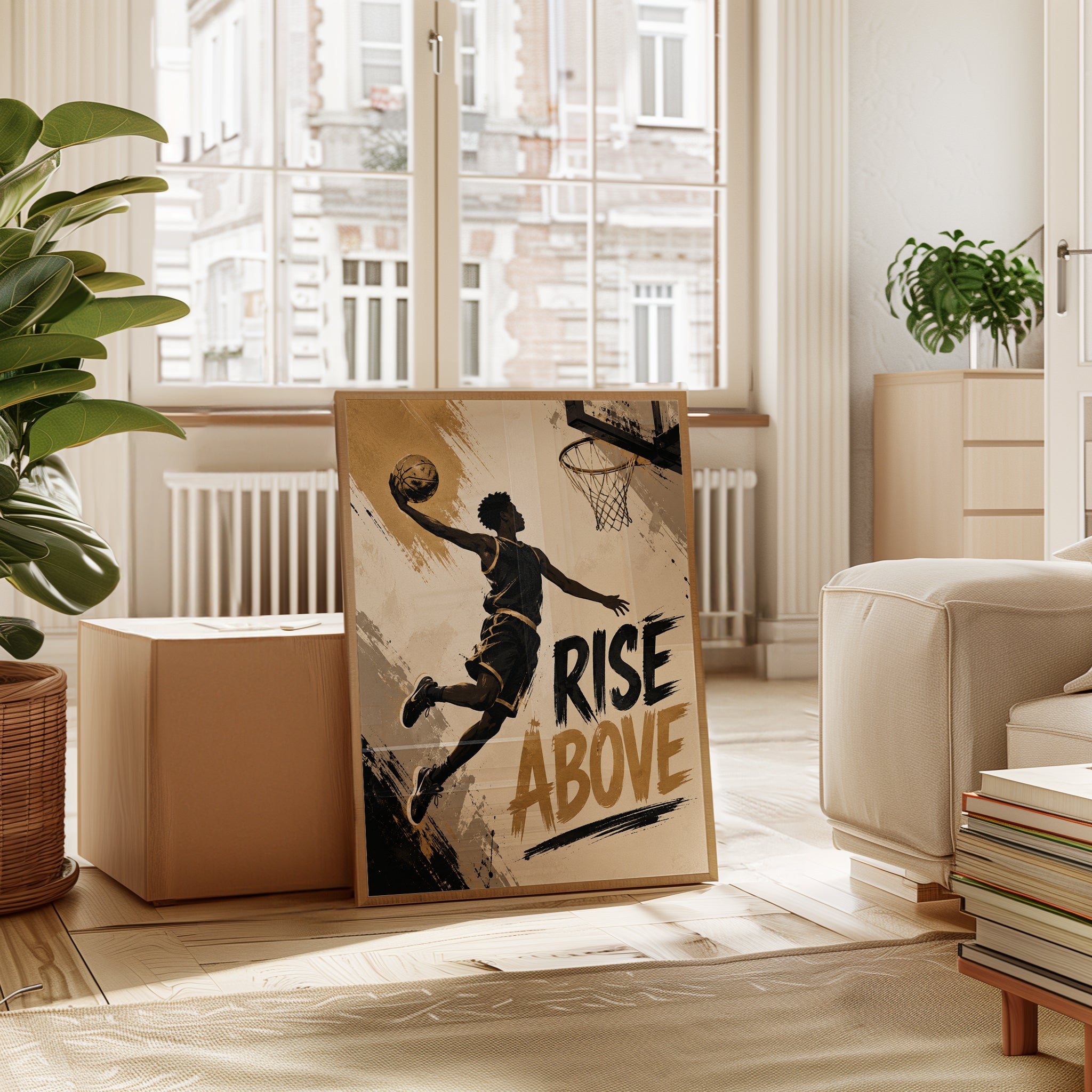 Basketball Slam Dunk Poster: Urban Sports Art in Gold and Black - interior