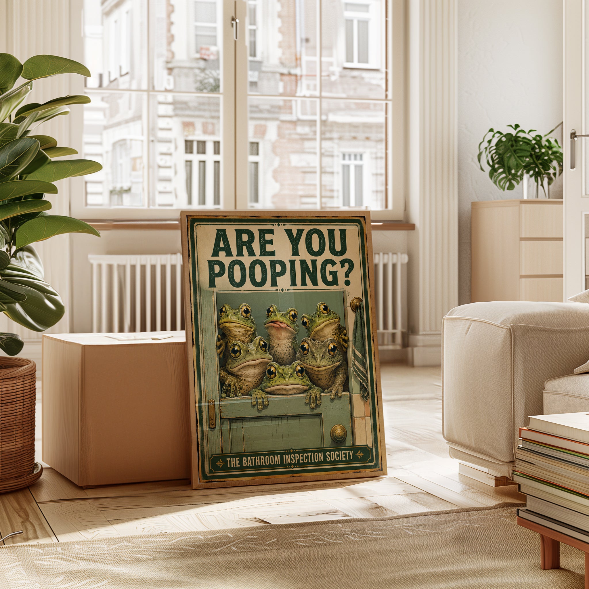 Bathroom Frog Print: Retro Humor Wall Art (Funny Pooping Sign) - interior