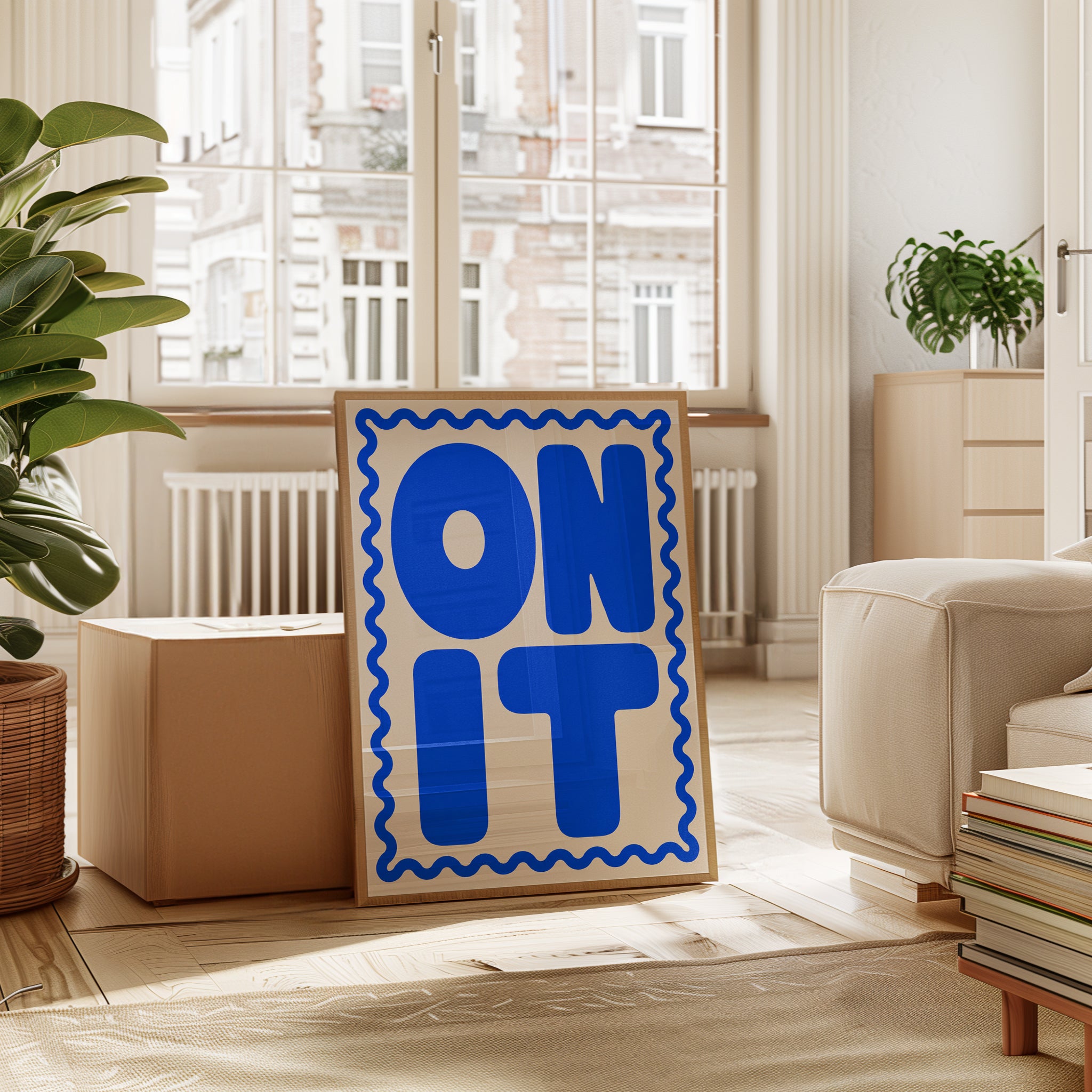 ON IT Typography Poster: Bold Blue Retro Lettering Wall Art - interior