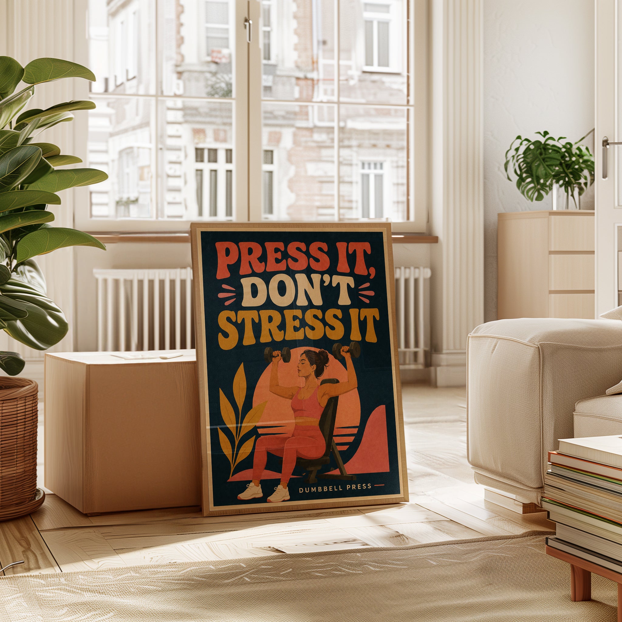 Press It Don't Stress It Gym Poster: Retro Fitness Wall Art - interior