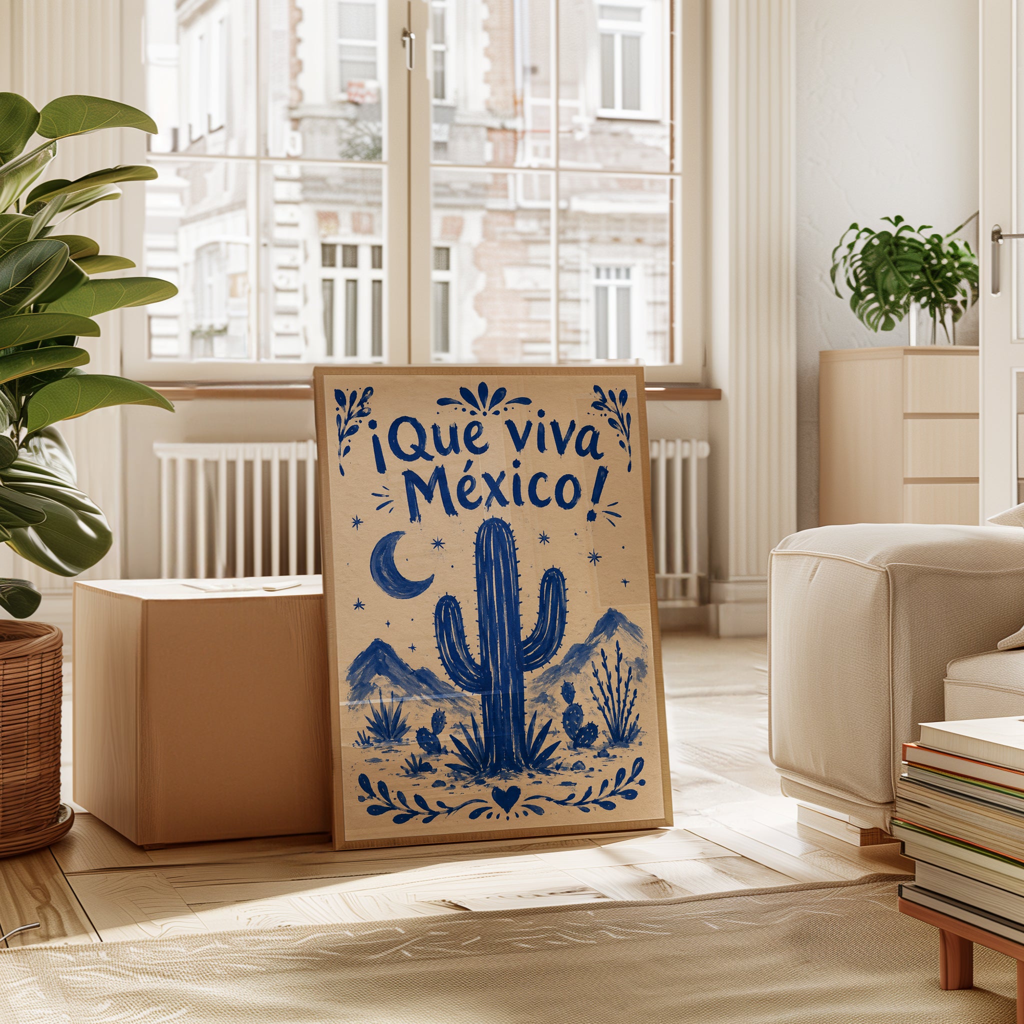 Que Viva Mexico Folk Art Print: Blue Desert Cactus Design - interior