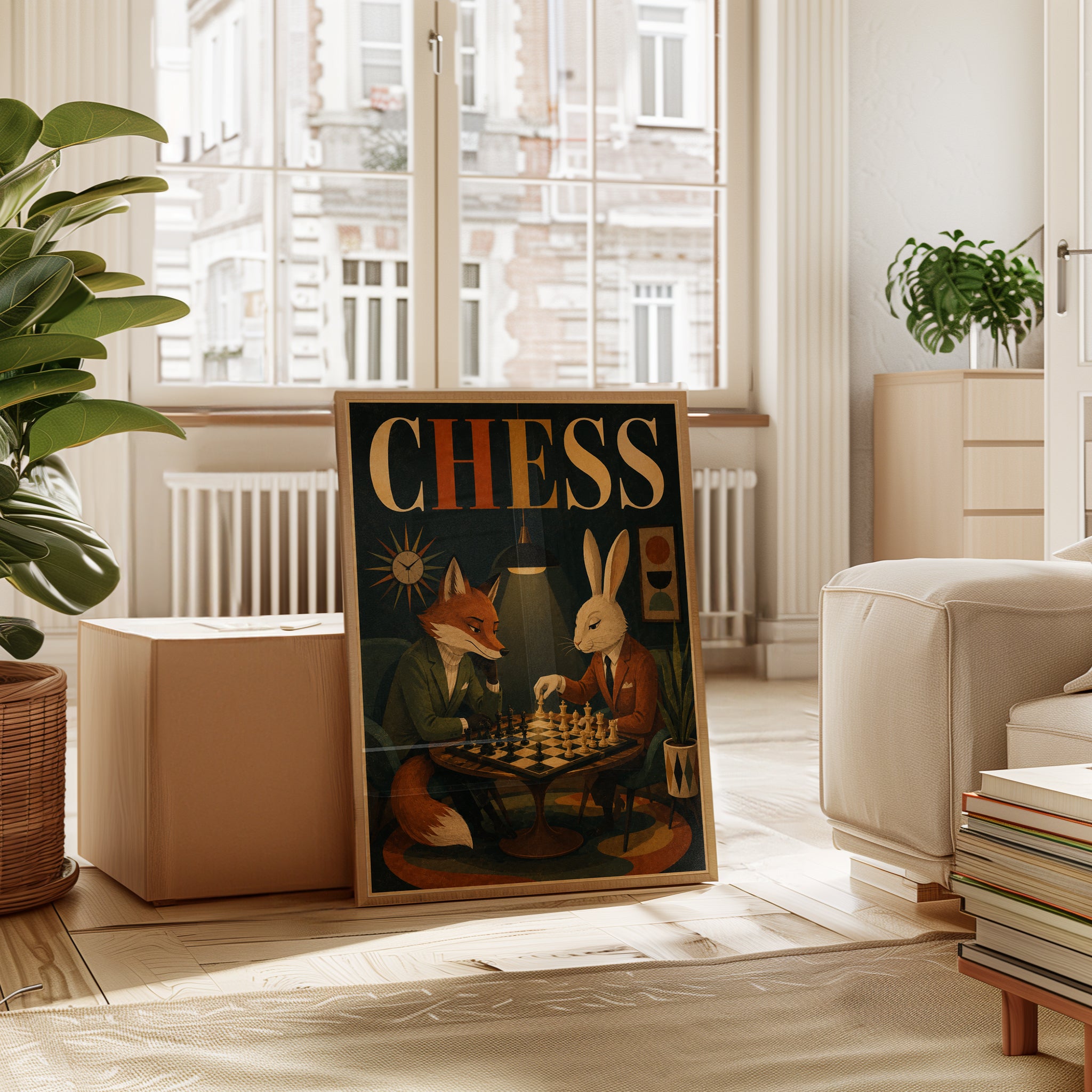 Fox and Rabbit Chess Game: Retro Mid-Century Modern Art Print - interior