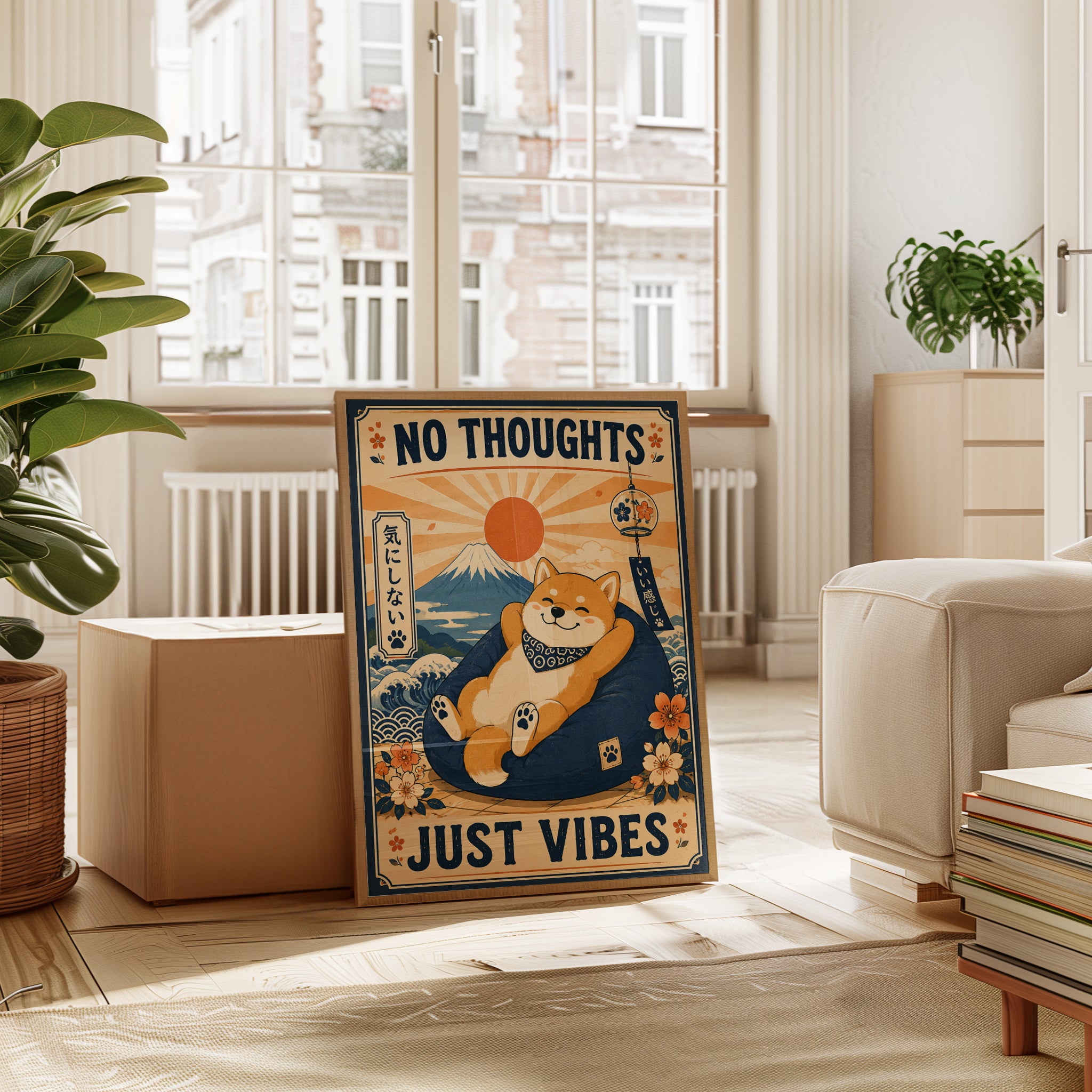 No Thoughts Just Vibes Shiba Inu Print: Japanese Retro Poster - interior