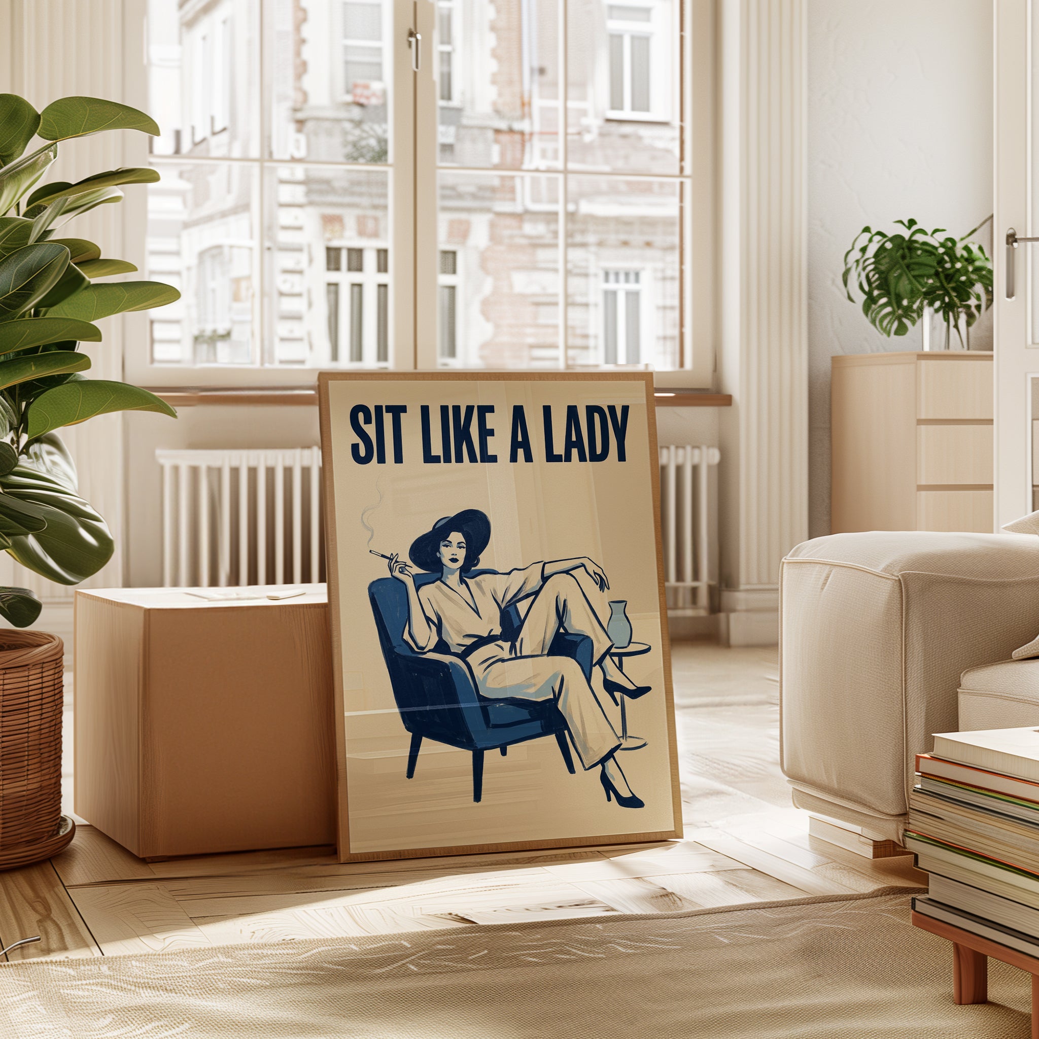 Sit Like A Lady Poster: Retro Blue Cream Lounge Art Print - interior