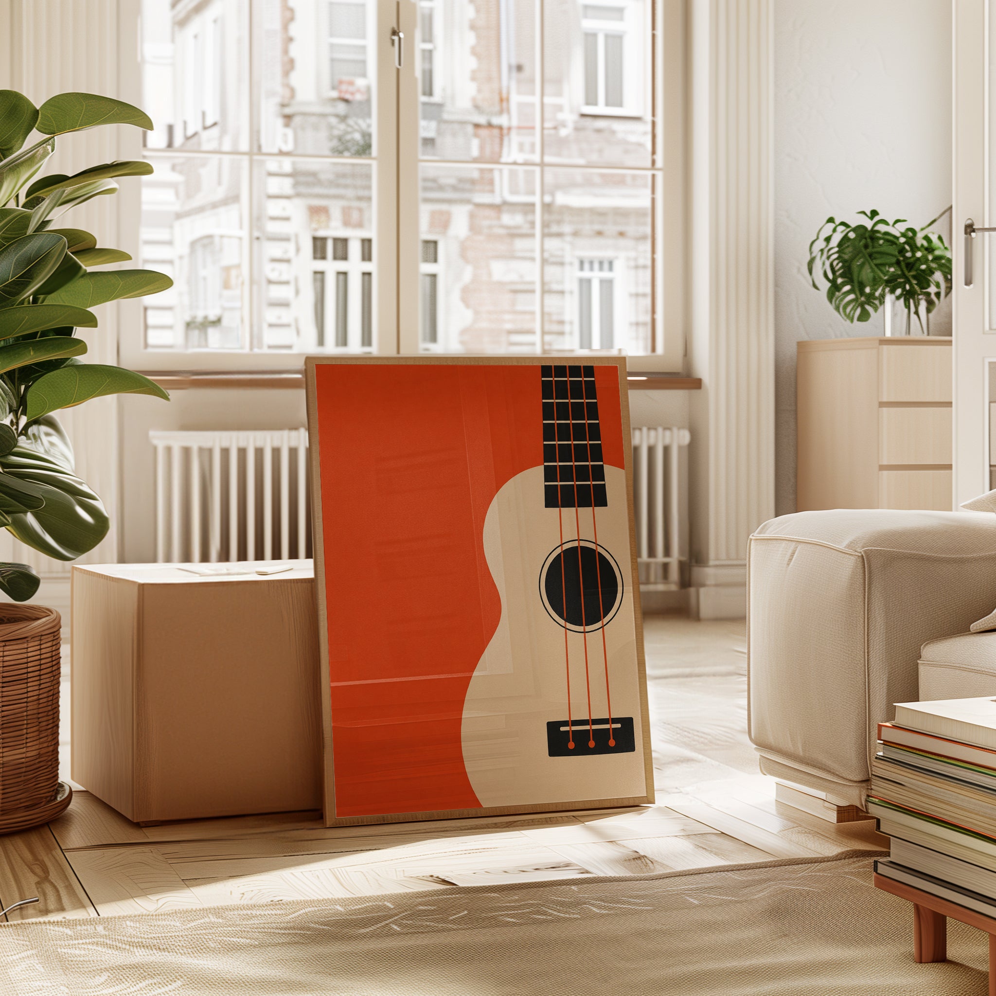 Minimalist Guitar Poster: Mid-Century Modern Orange Music Art - interior