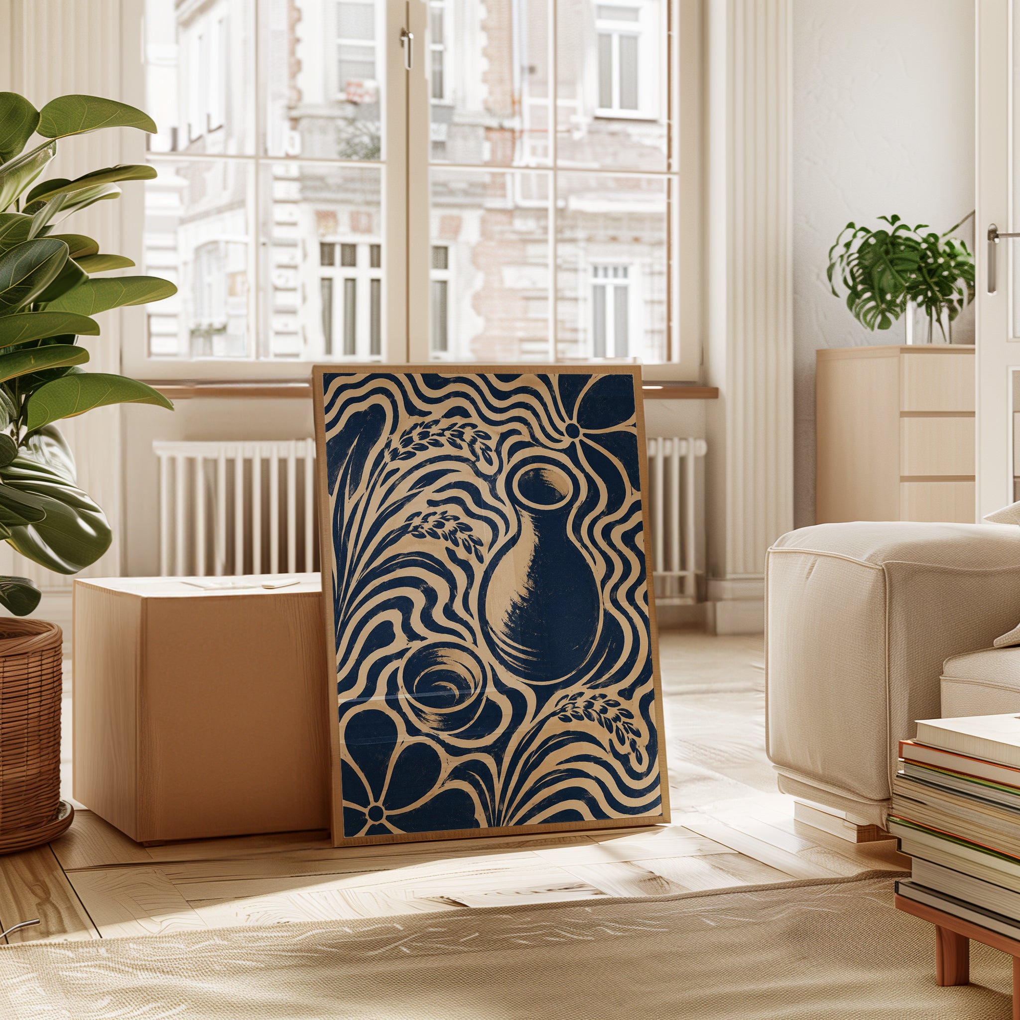 Art Nouveau Vase Print: Navy Blue and Cream Floral Design - interior