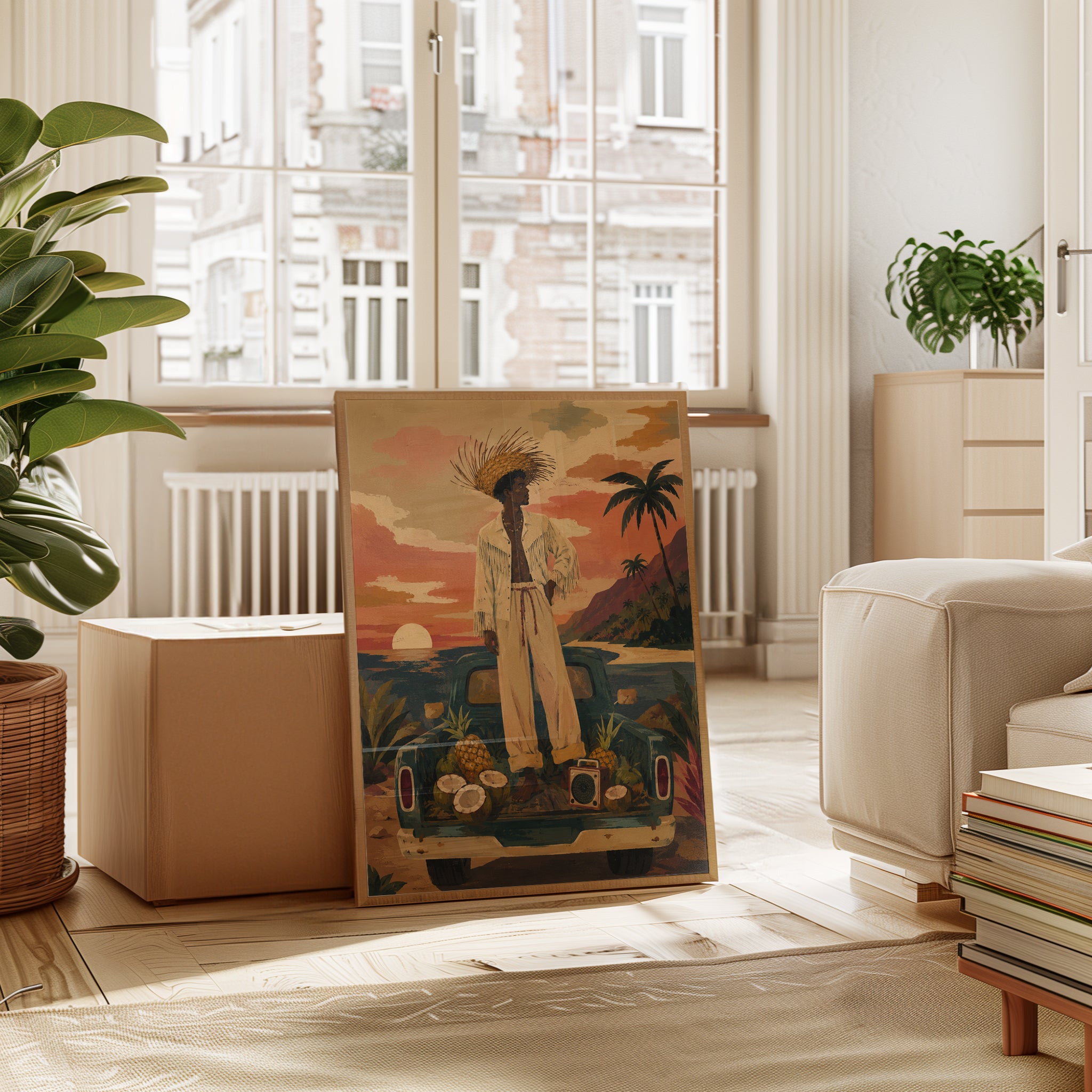 Tropical Sunset Vintage Truck Art Print: Retro Beach Scene - interior