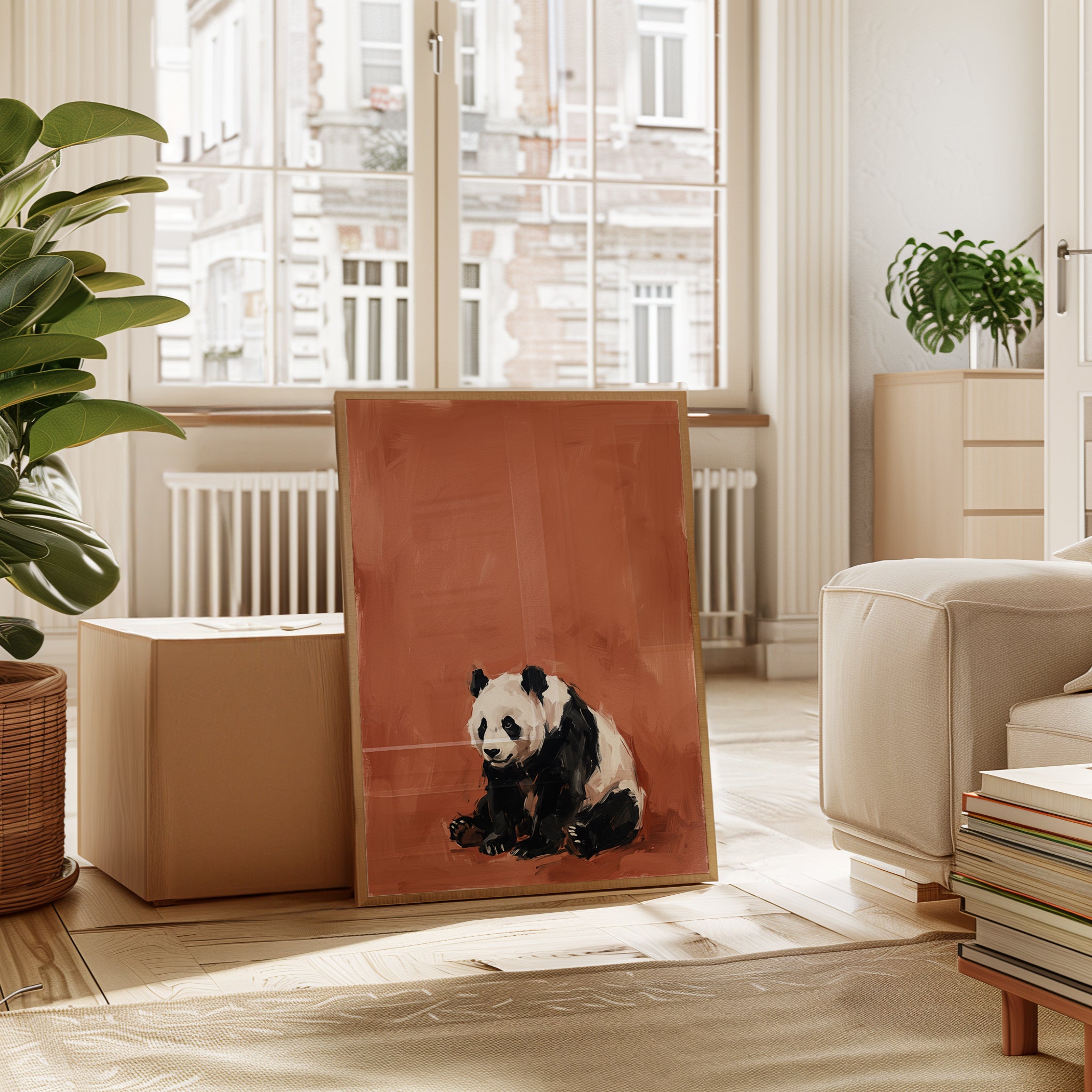 Panda Bear Wall Art: Impressionist Wildlife on Terracotta - interior