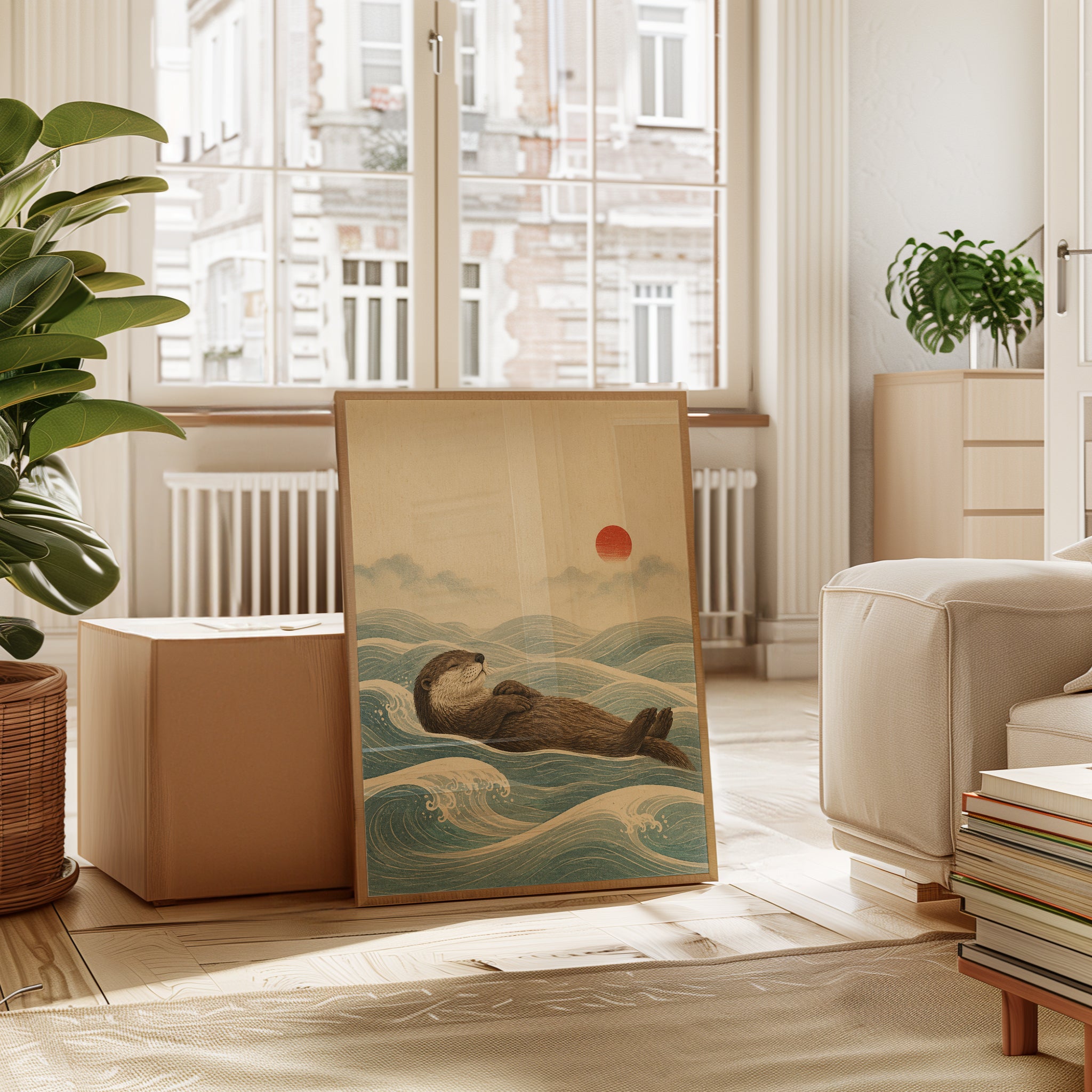Sea Otter in Waves Art Print: Japanese Woodblock Style with Red Sun - interior