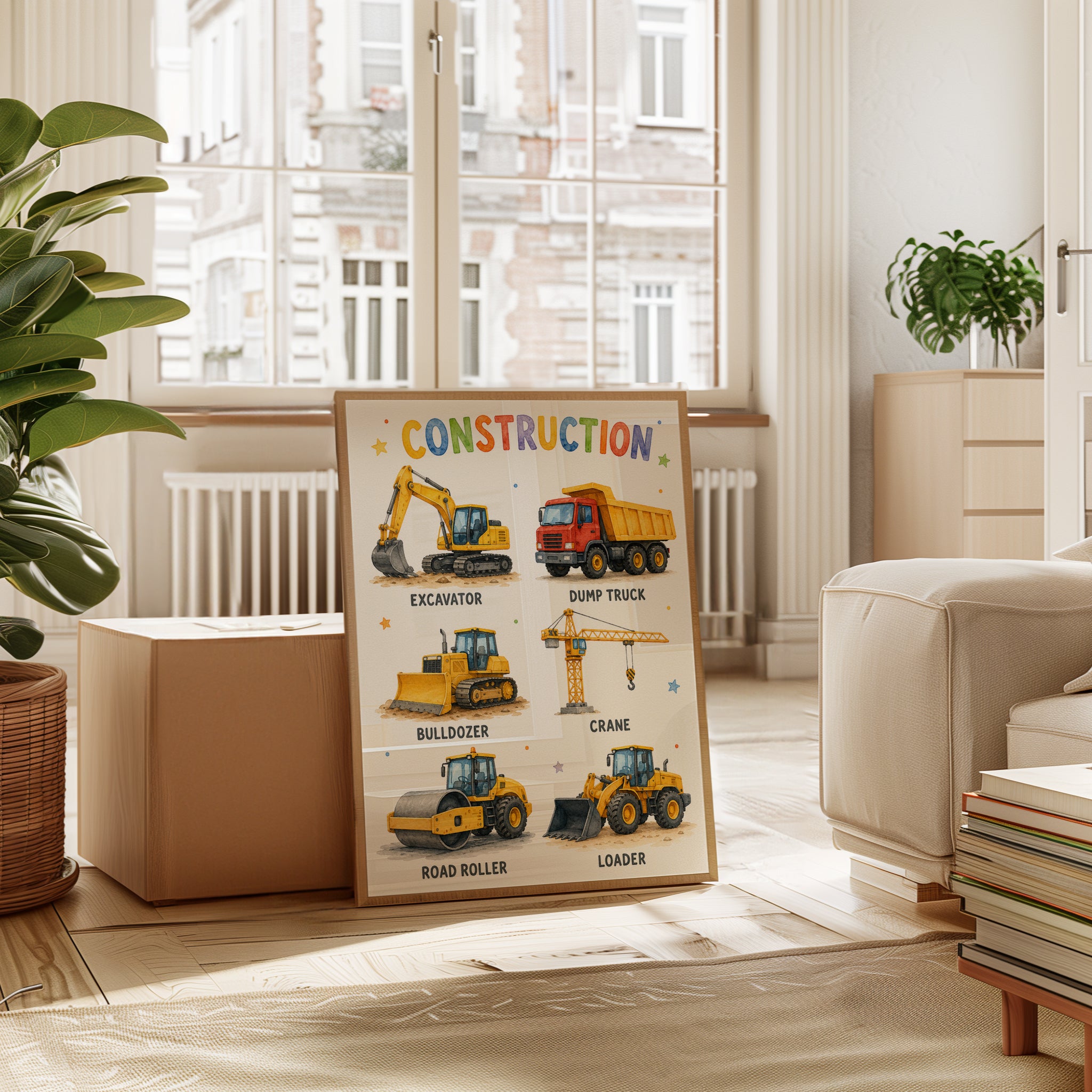 Construction Vehicles Poster: Educational Kids Room Art - interior