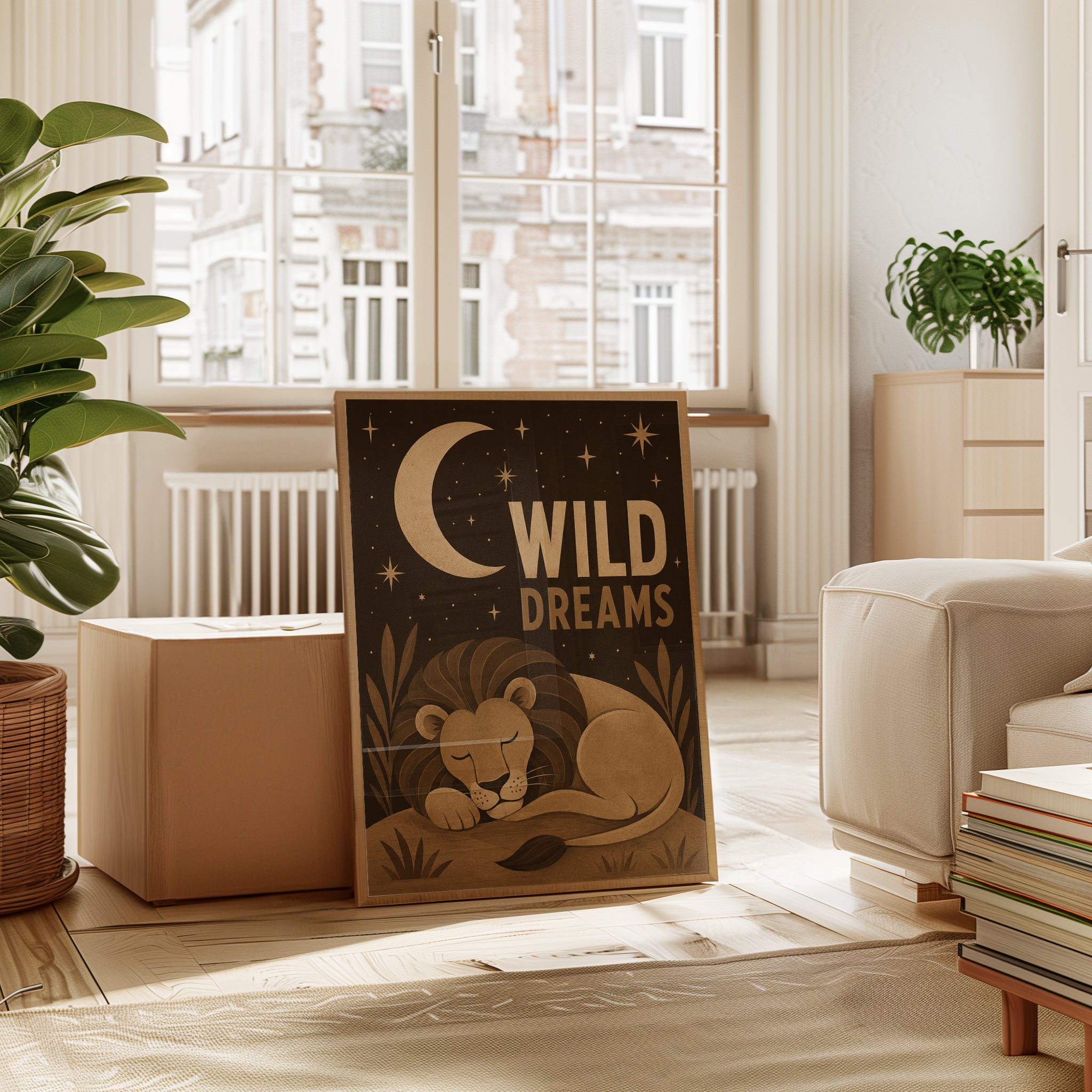 Wild Dreams Lion Art Print: Mid-Century Nursery Moon Poster - interior