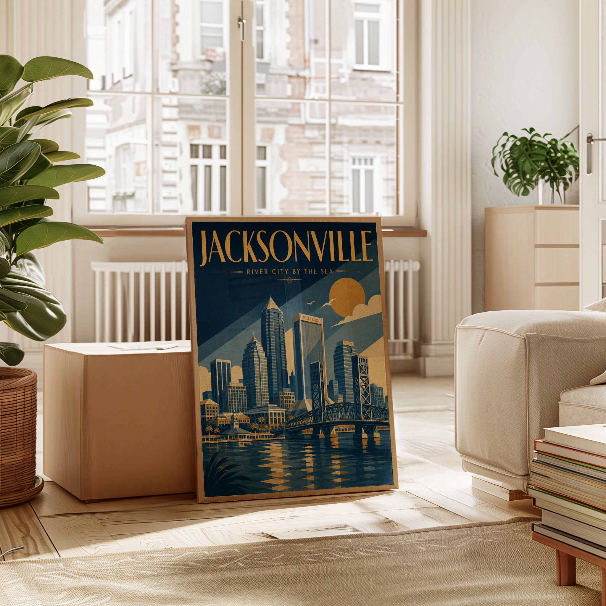 Jacksonville Skyline Poster: Art Deco Travel Print in Blue and Gold - interior