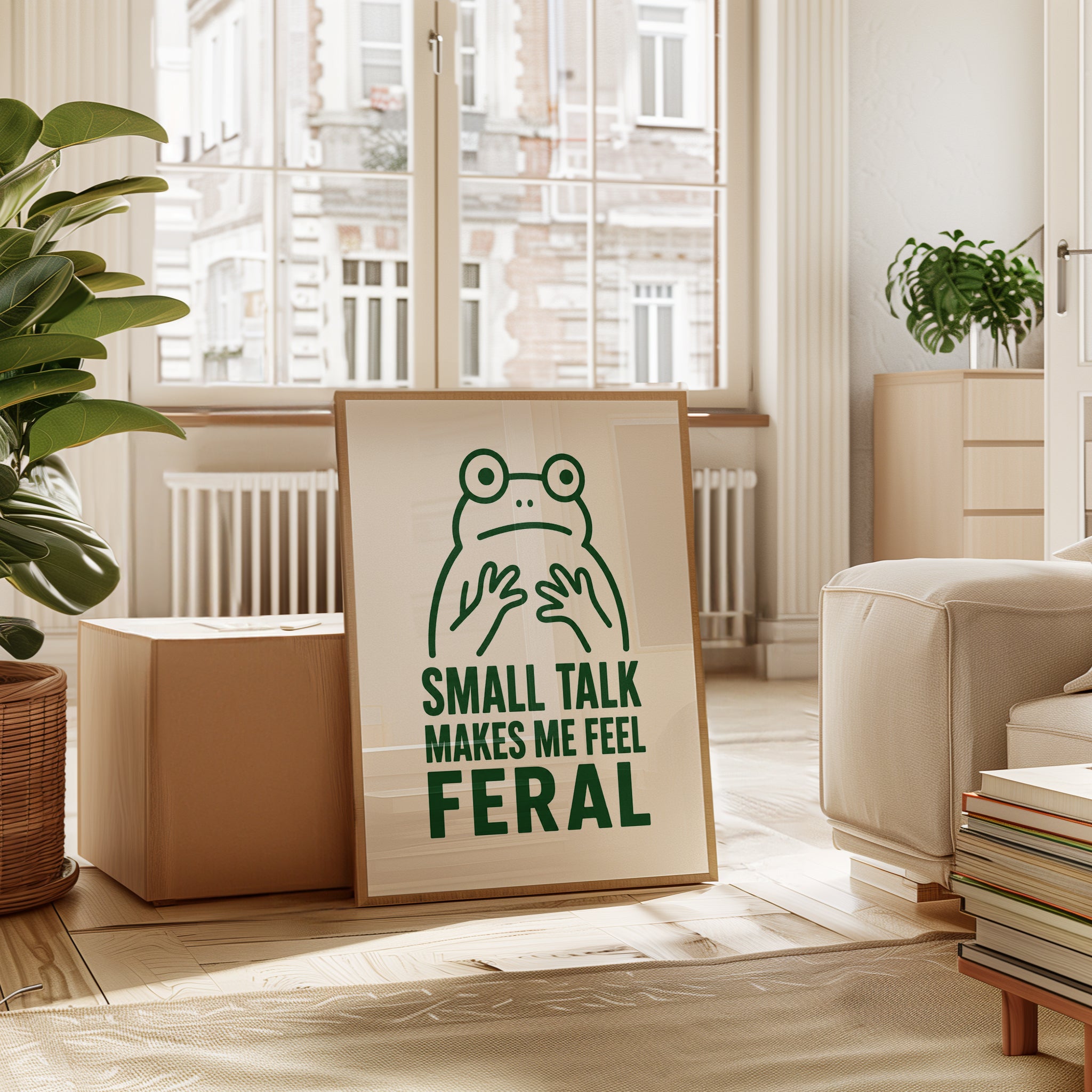Small Talk Feral Frog Poster: Minimalist Green Typography Art - interior