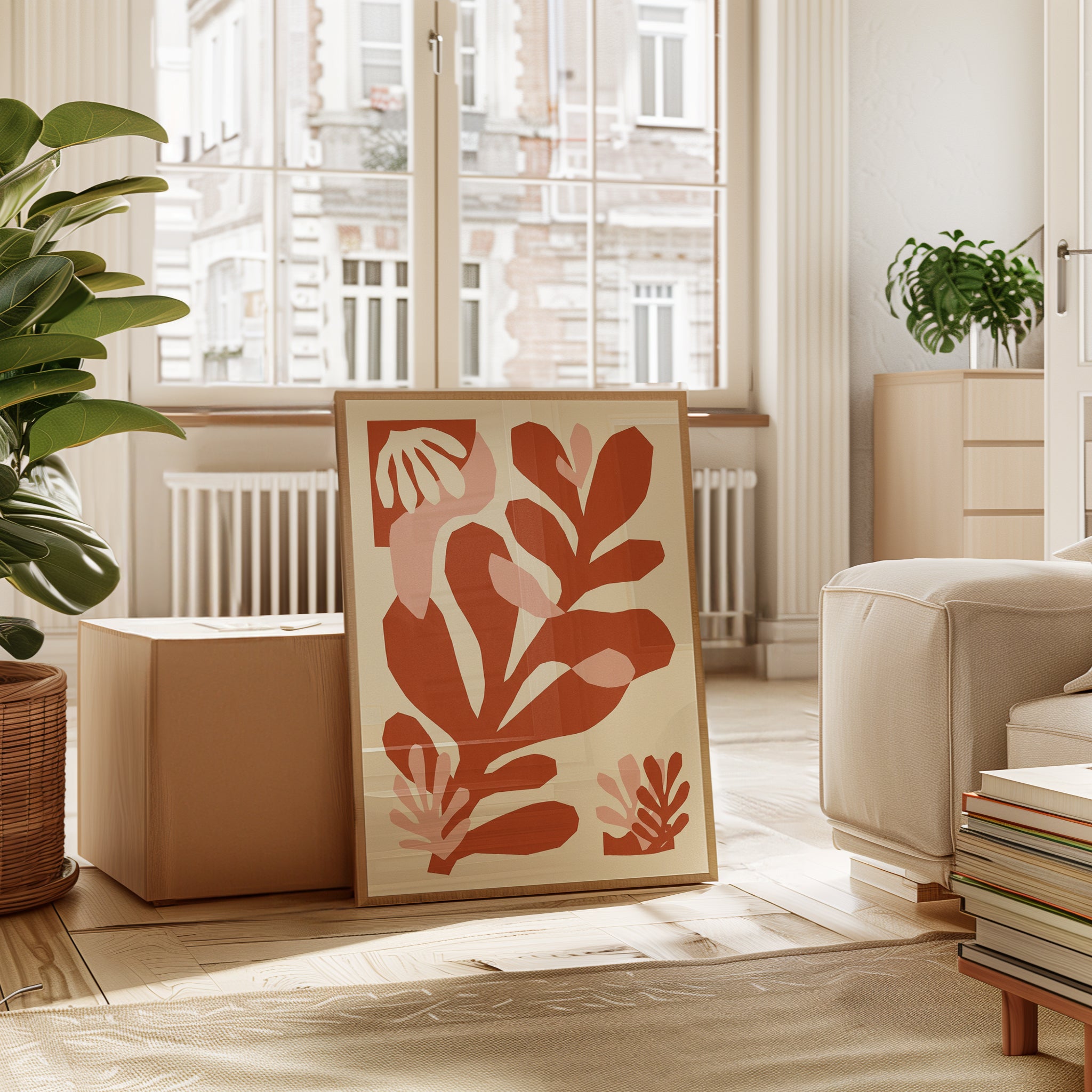 Abstract Botanical Cutout Art Print: Terracotta and Pink Shapes - interior