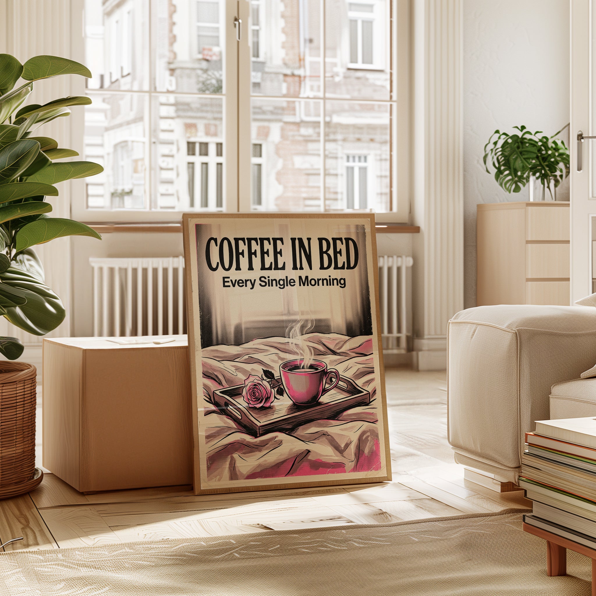 Coffee in Bed Print — Vintage-Style Morning Coffee Illustration - interior