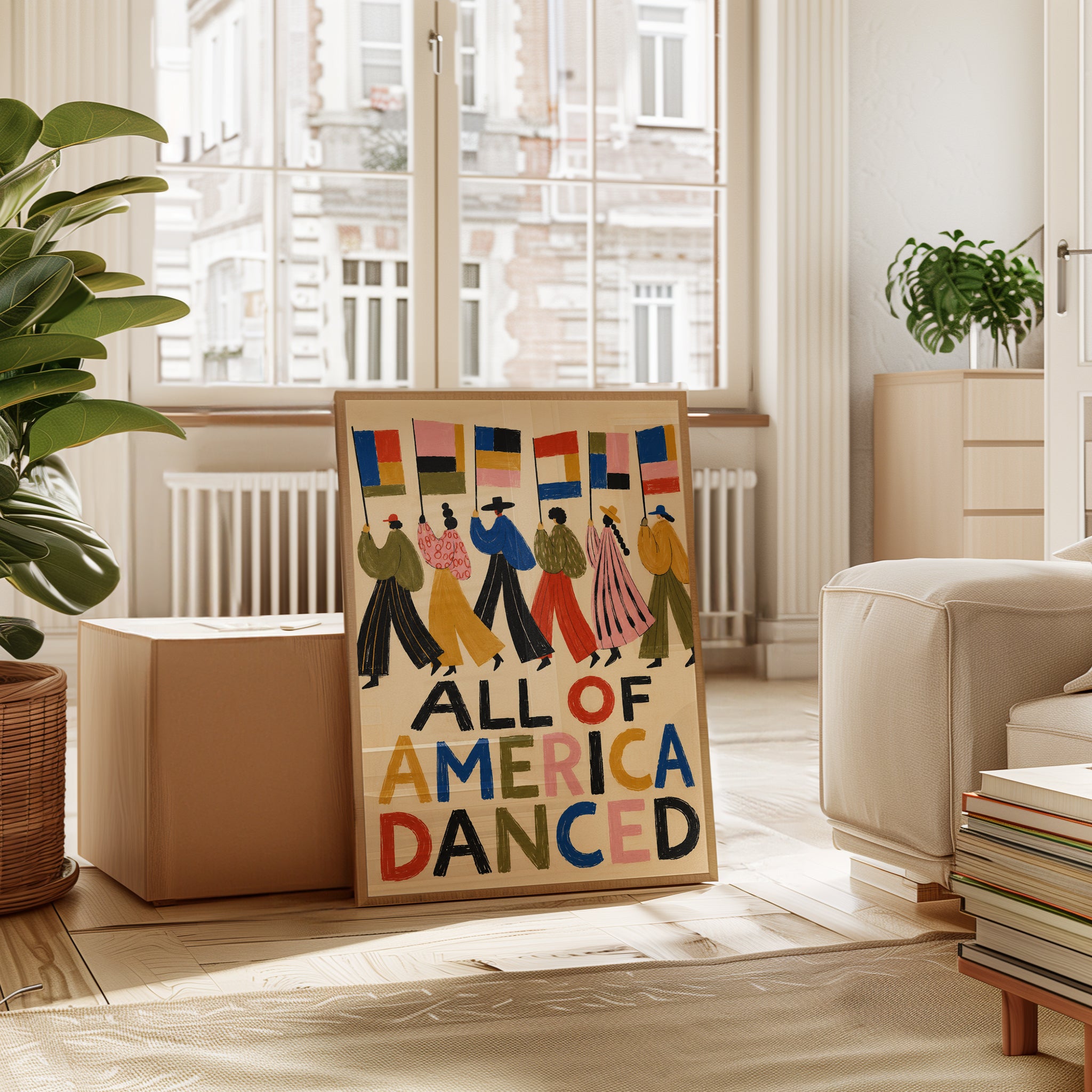 All of America Danced Print: Folk Art Parade with Colorful Flags - interior