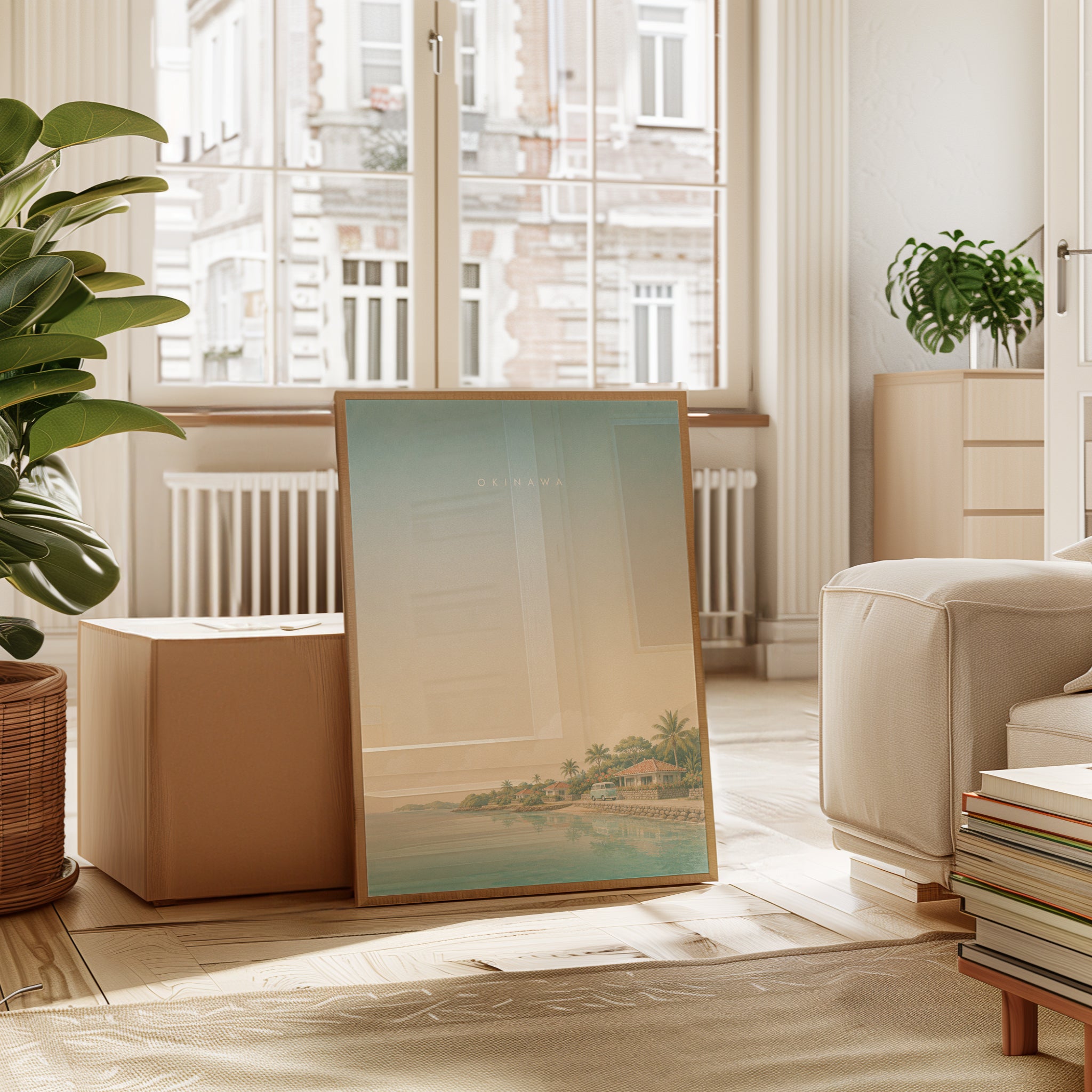 Okinawa Coastal Village Art Print: Pastel Tropical Landscape - interior