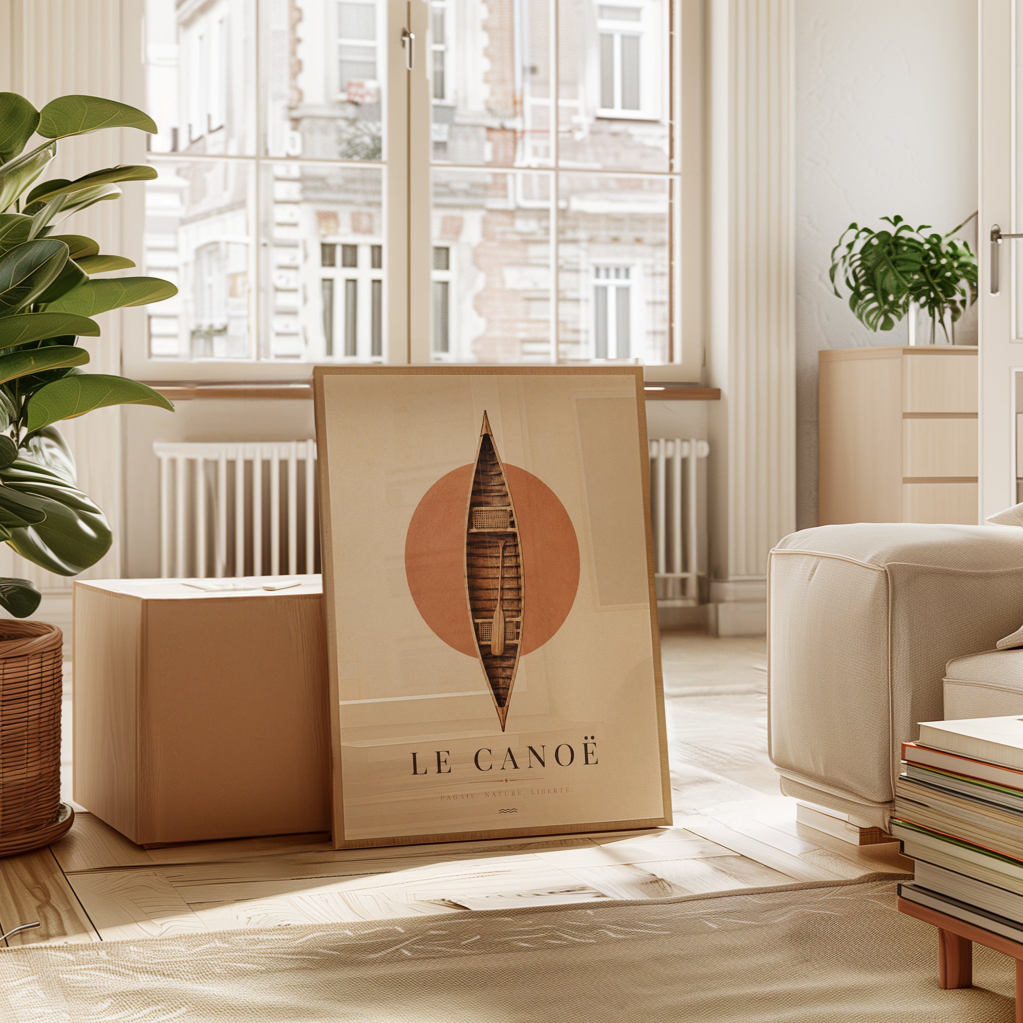 Vintage Canoe Poster: Minimalist Geometric Earth Tones Wall Art - interior