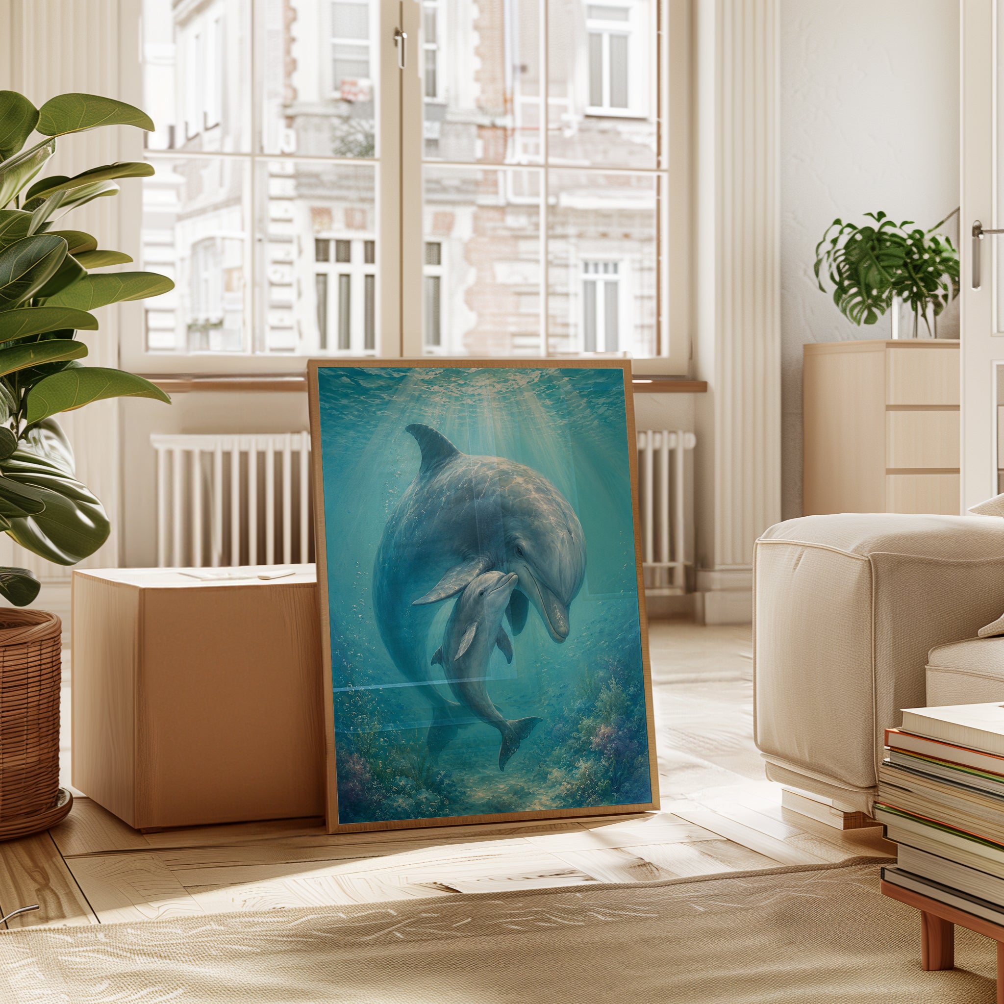 Dolphin Mother and Calf Art Print: Underwater Blue Ocean Scene - interior