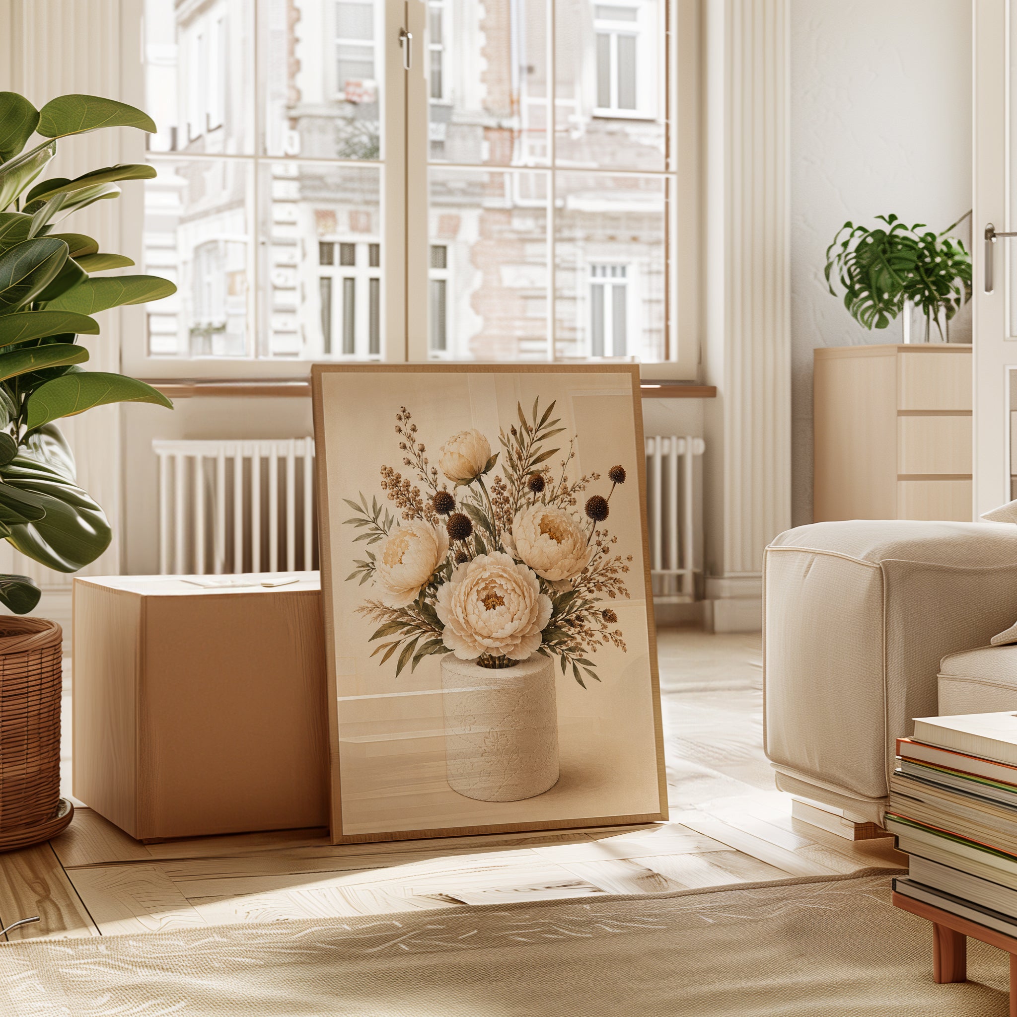 Neutral Peony Bouquet Art Print: Vintage Botanical Wall Art - interior