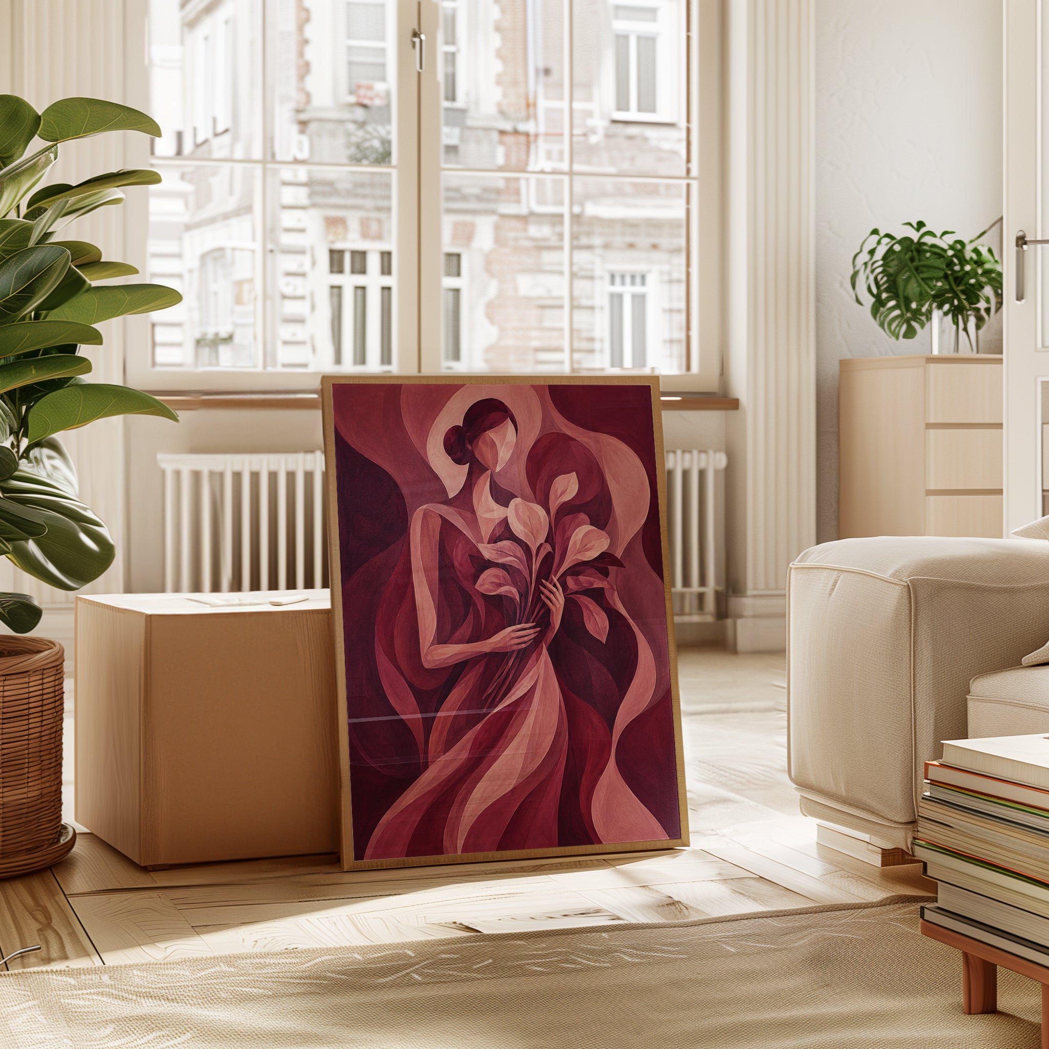 Art Deco Woman With Calla Lilies: Pink and Burgundy Wall Art - interior