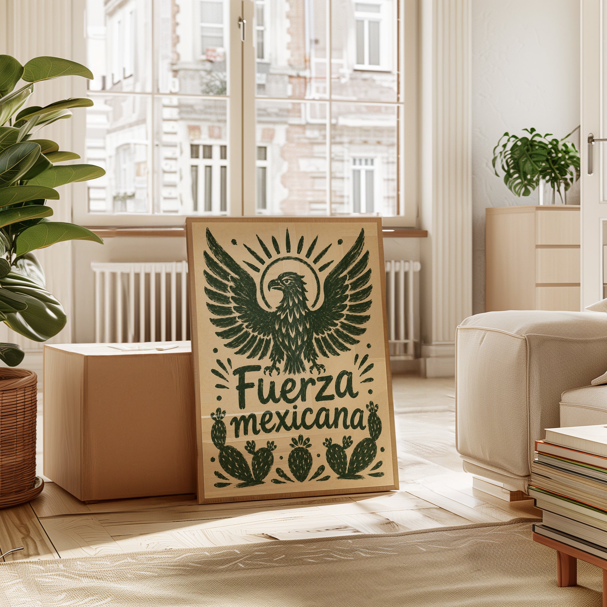 Mexican Eagle Poster: Vintage Folk Art Print with Cacti - interior