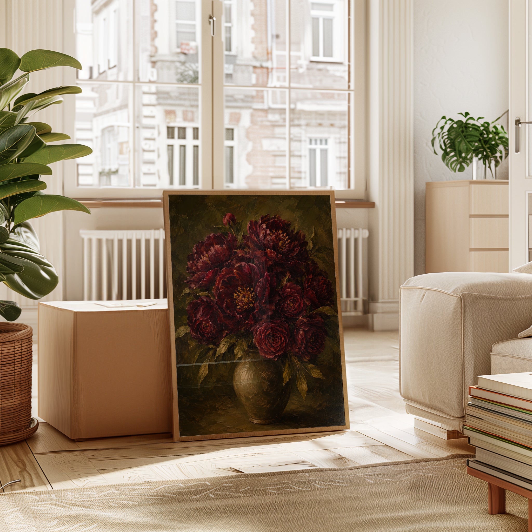 Dark Floral Wall Art – Burgundy Peony Print - interior