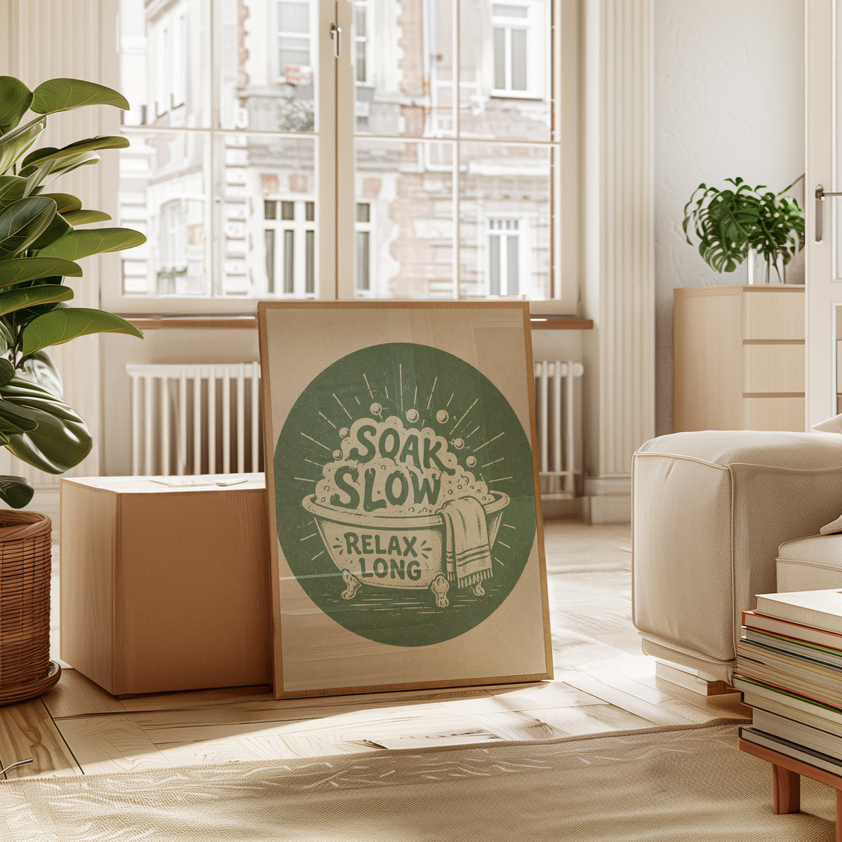 Vintage Bathtub Typography Print: Retro Green Bathroom Art - interior