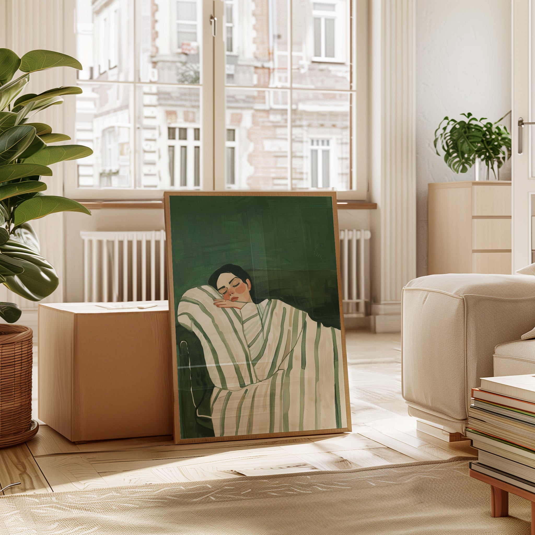 Sleeping Woman in Green Striped Bedding: Contemporary Portrait Art - interior