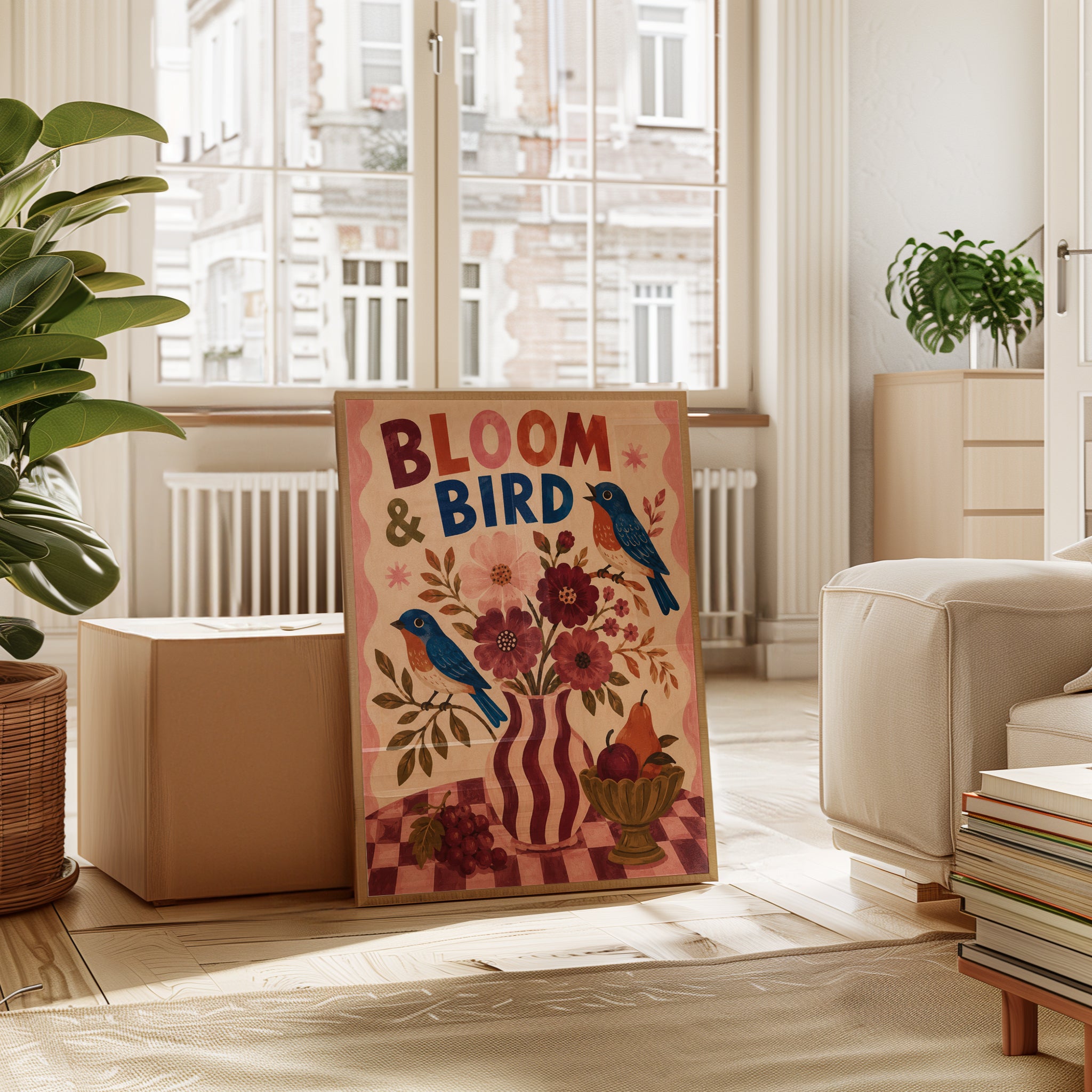 Bloom & Bird Folk Art Print: Blue Birds with Burgundy Florals - interior