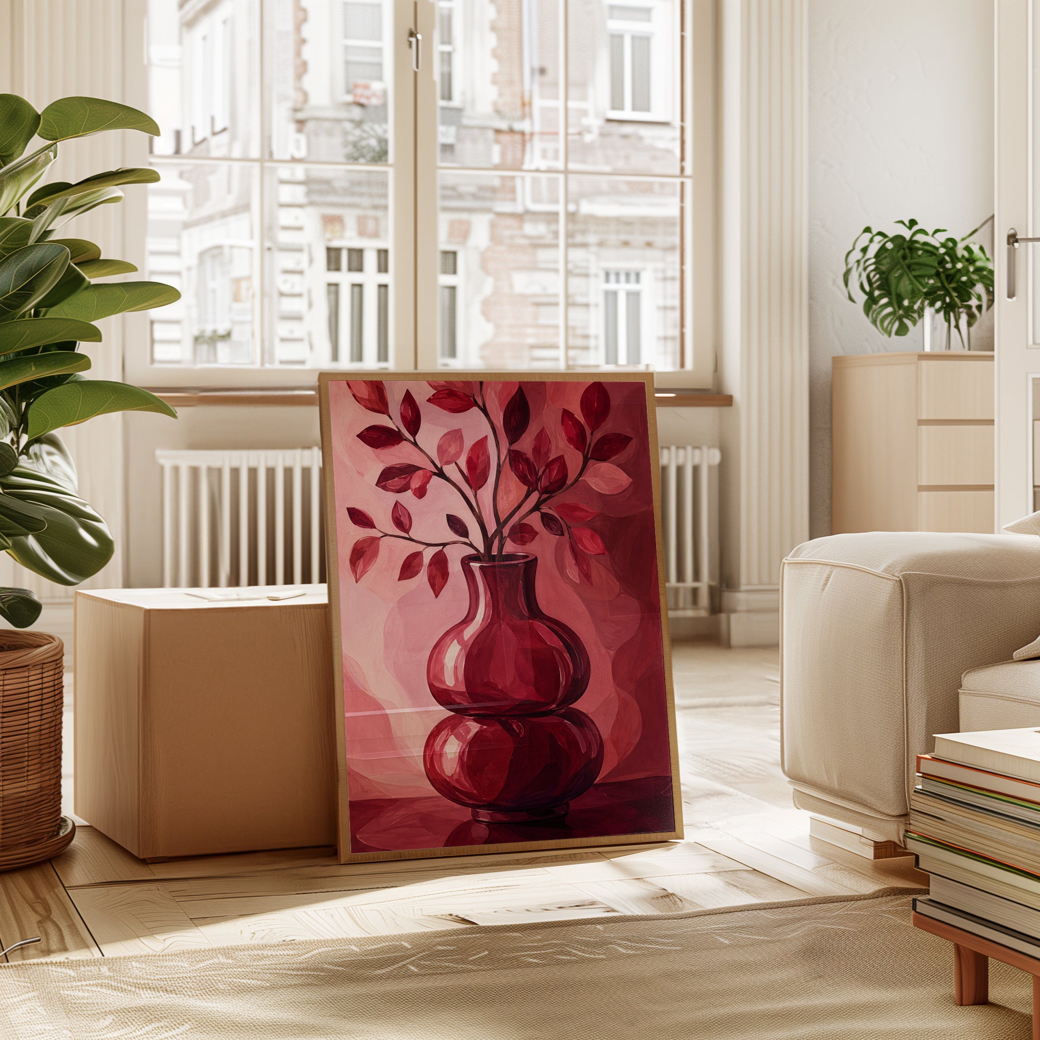 Red Botanical Vase Wall Art: Monochromatic Pink Still Life - interior