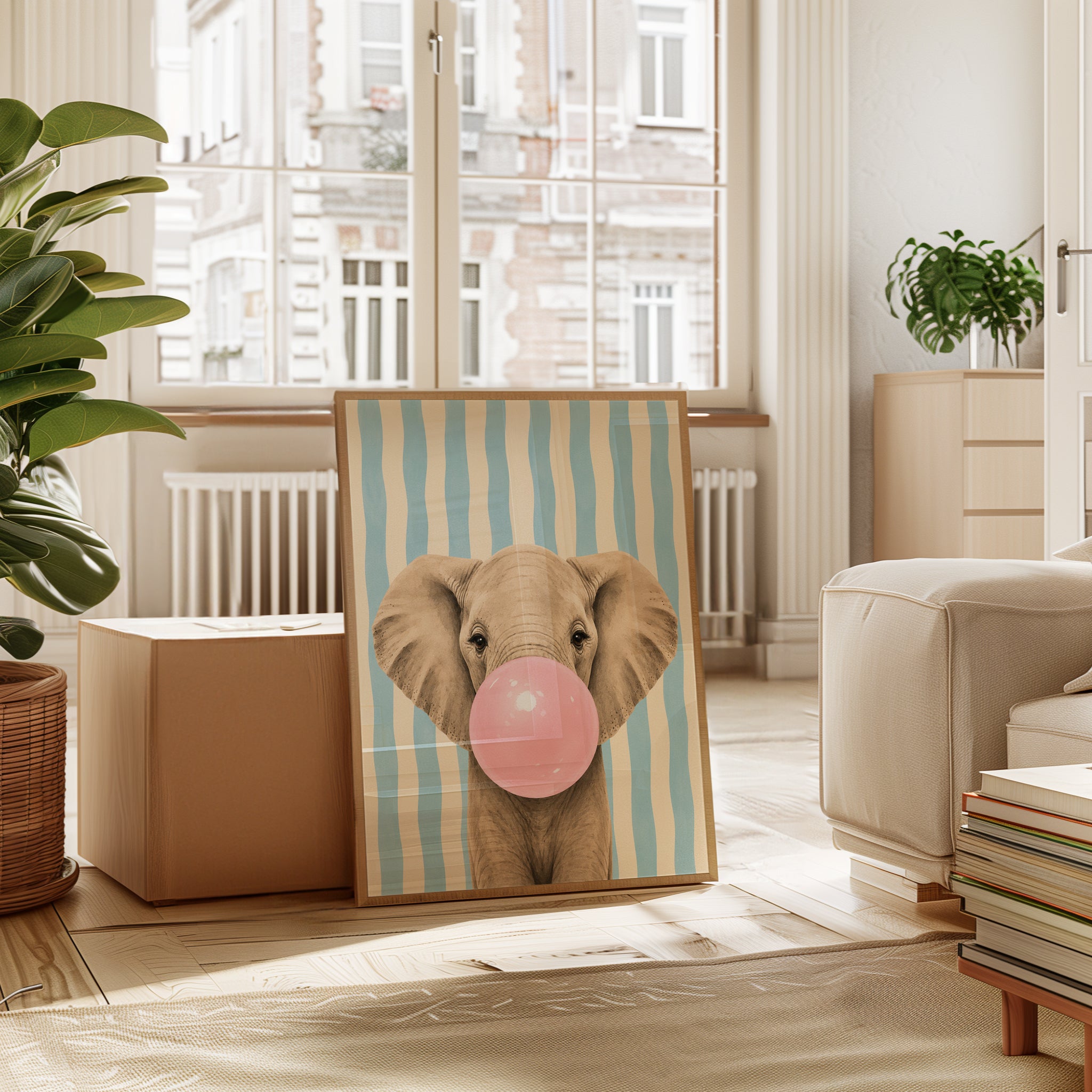 Elephant Bubblegum Print: Whimsical Animal Art with Blue Stripes - interior