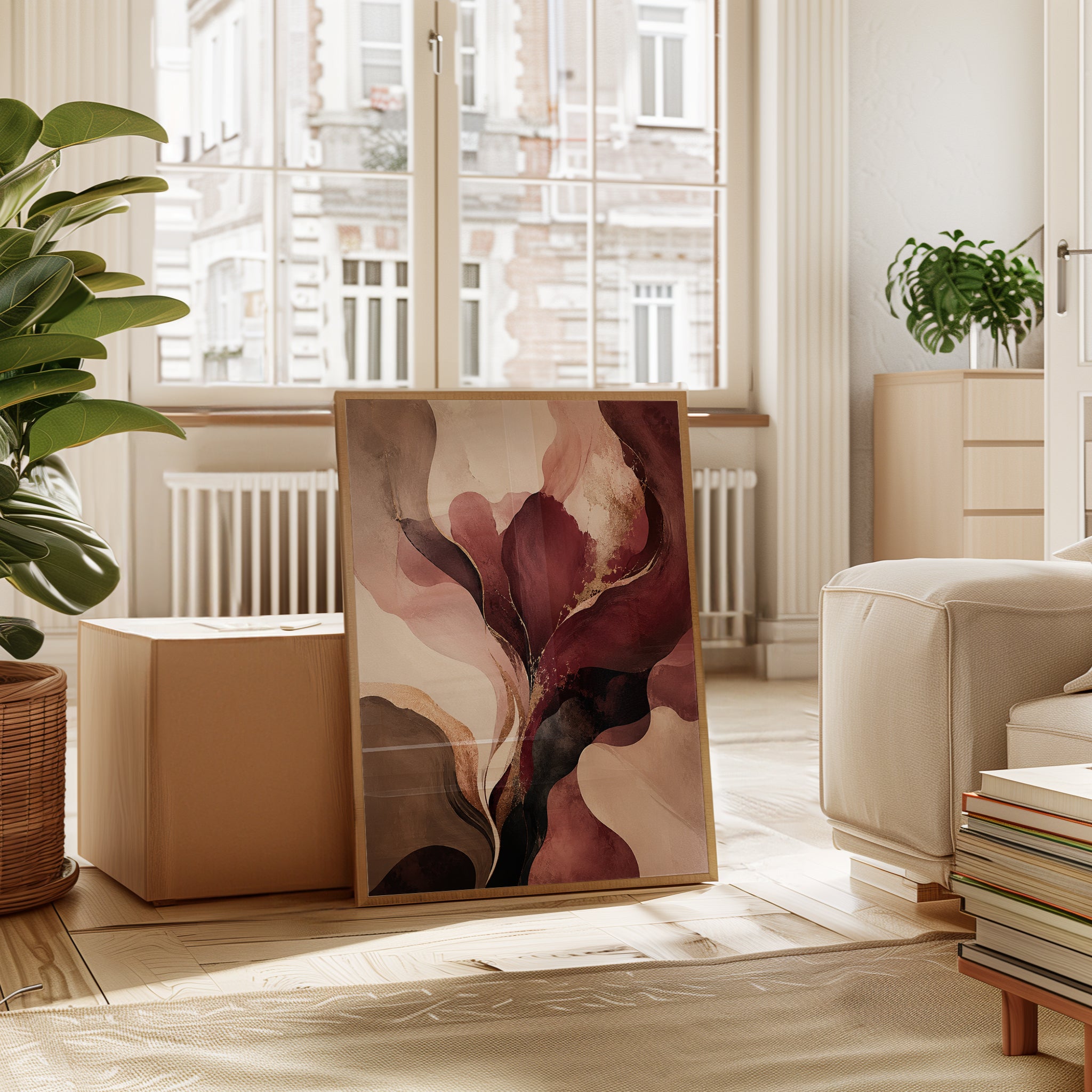 Abstract Floral Wall Art – Burgundy Pink Print - interior