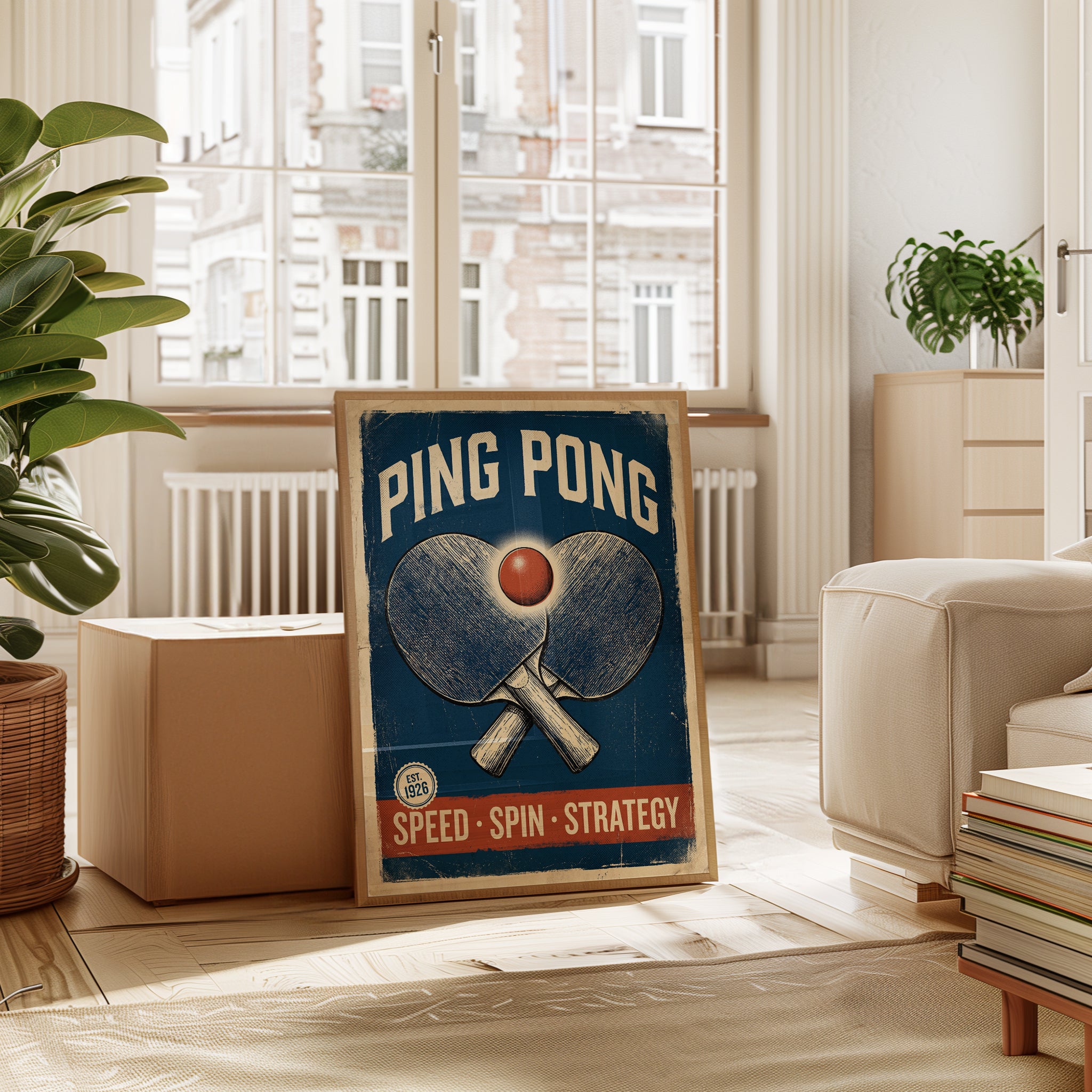 Navy Blue Wall Art Print — Vintage Table Tennis Poster - interior