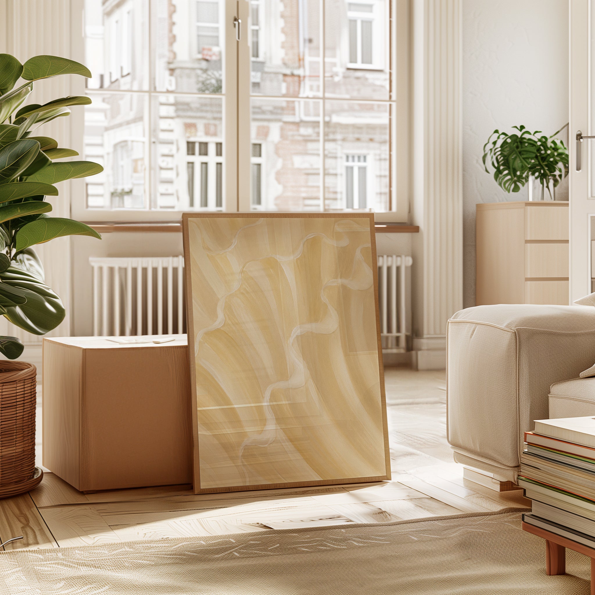 Abstract Waves Wall Art – Neutral Beige Print - interior