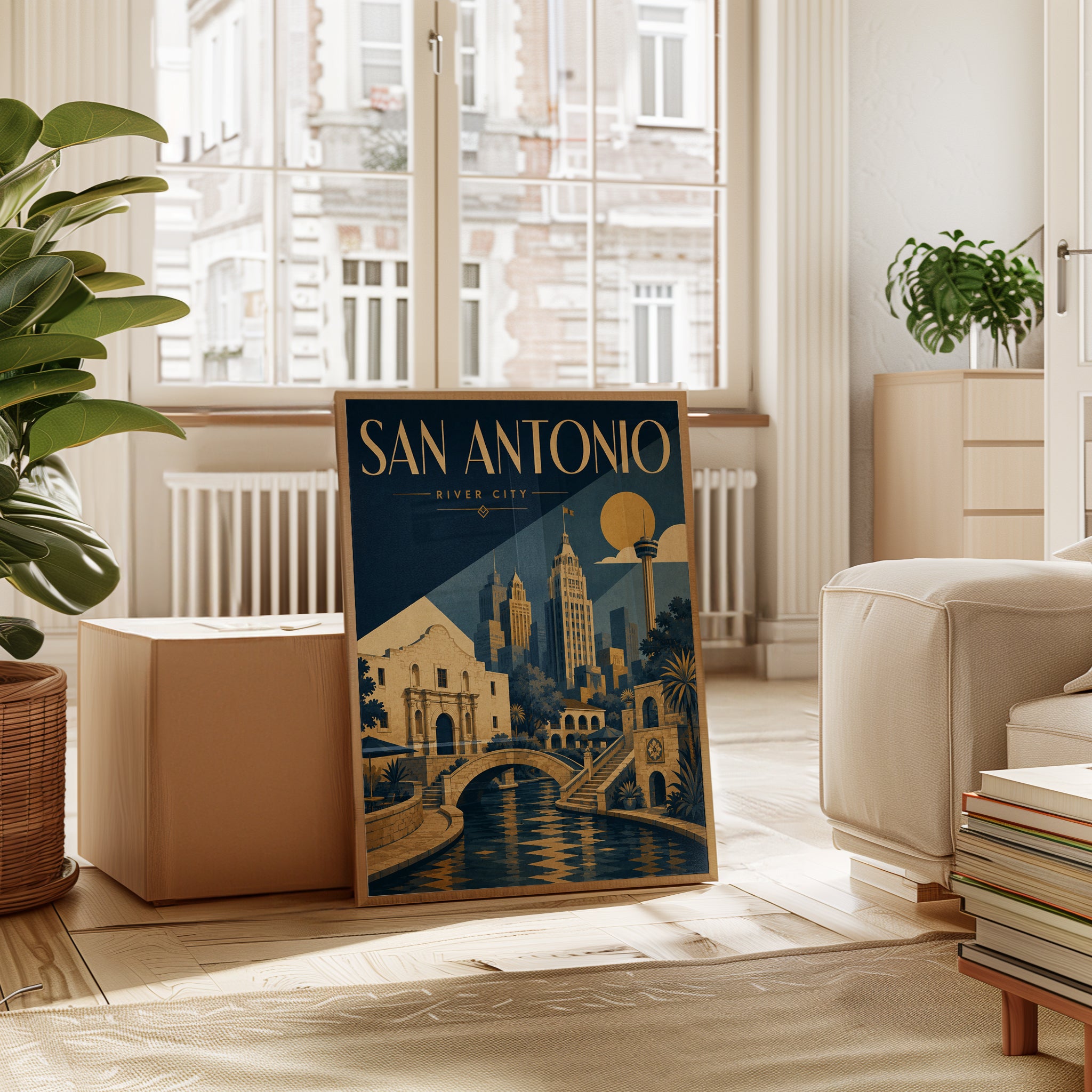 San Antonio Travel Poster: Art Deco River City Skyline Print - interior