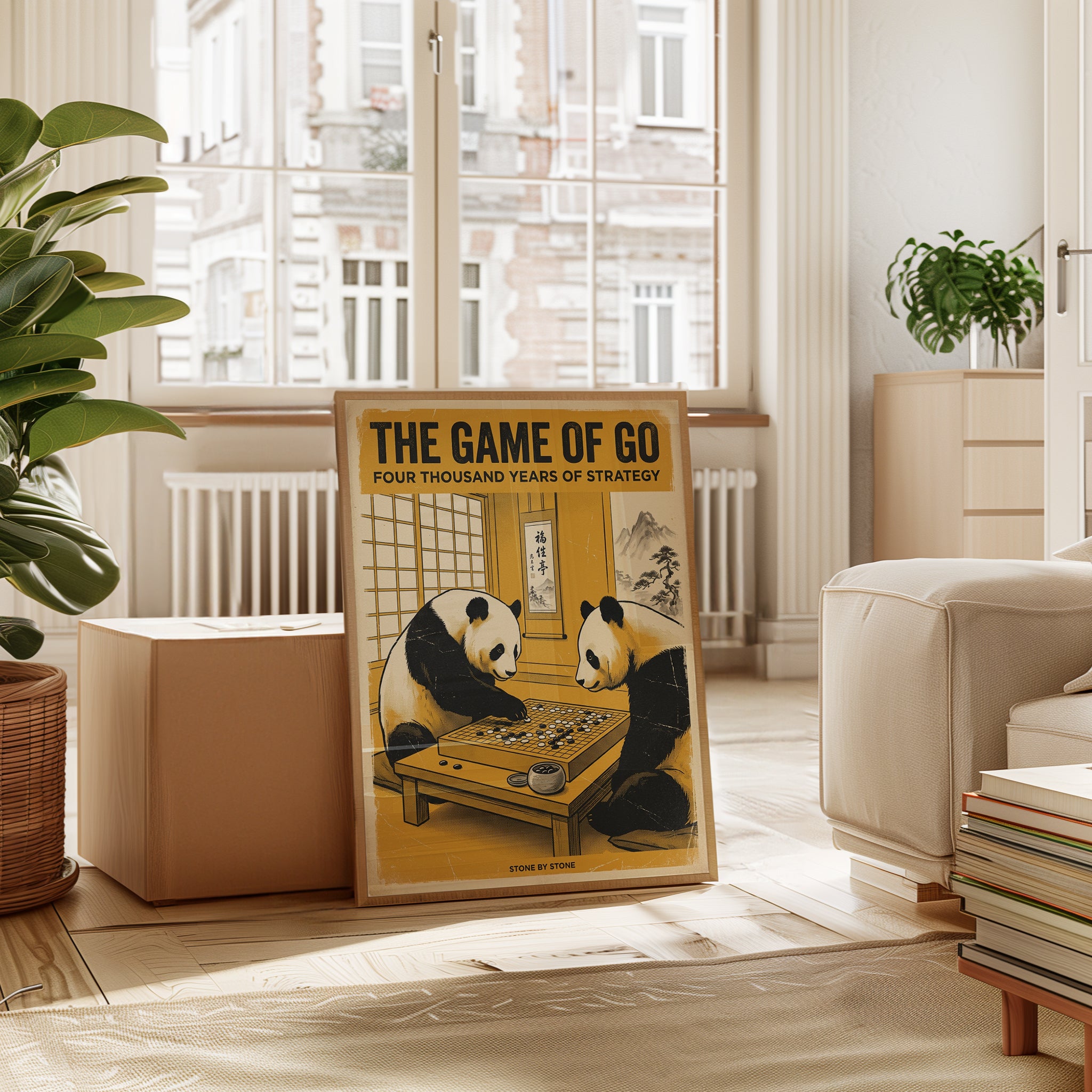 Pandas Playing Go Game Poster: Vintage Japanese Style Art Print - interior