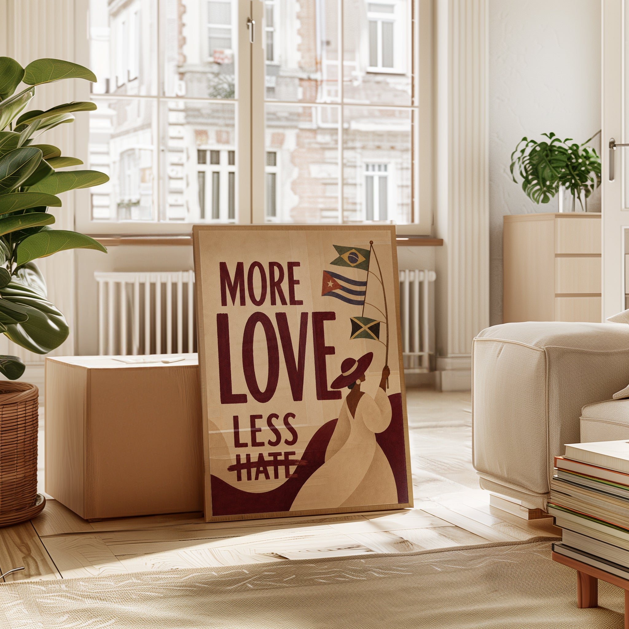 More Love Less Hate Poster: Vintage Latin American Unity Art Print - interior