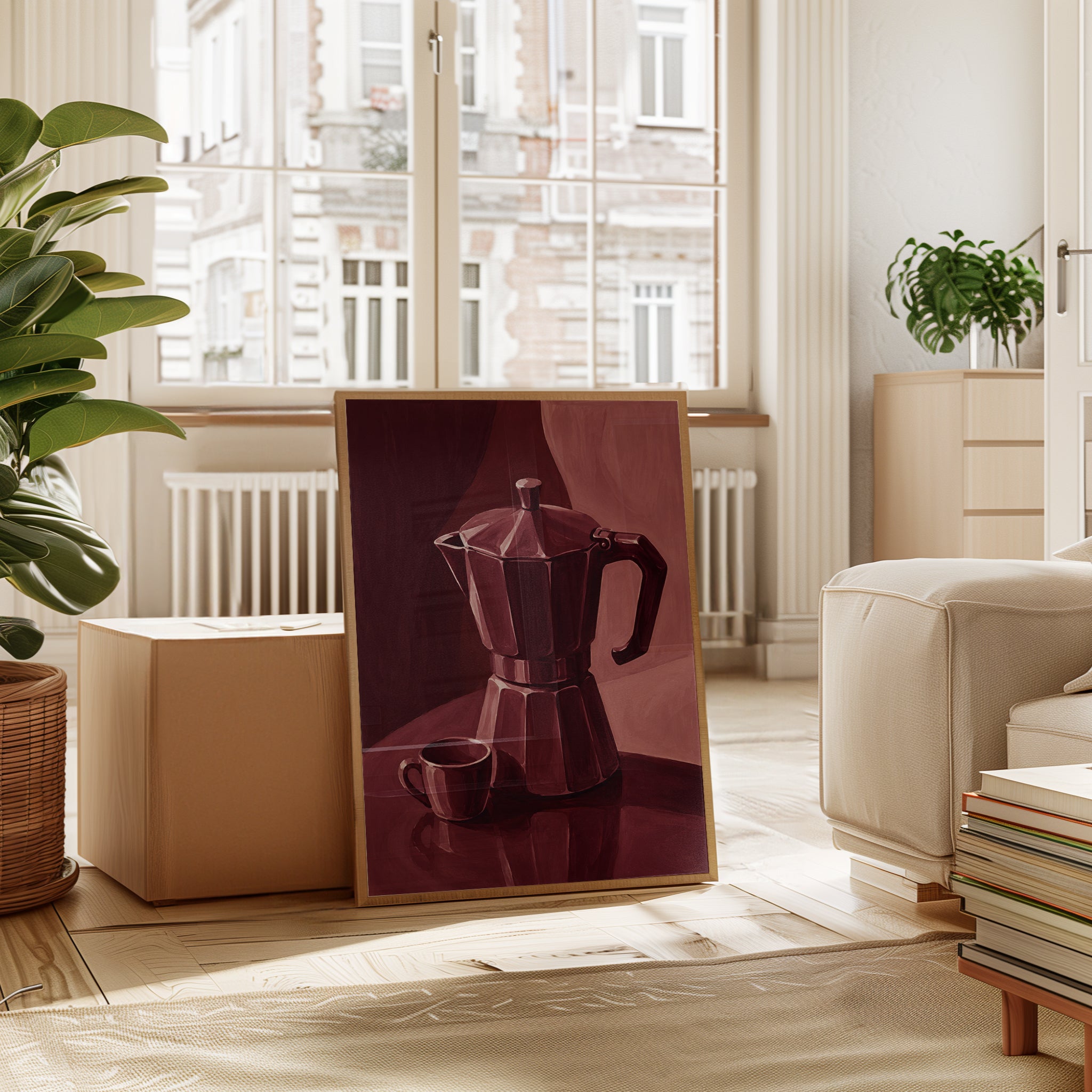 Moka Pot Still Life Art Print: Monochromatic Burgundy - interior