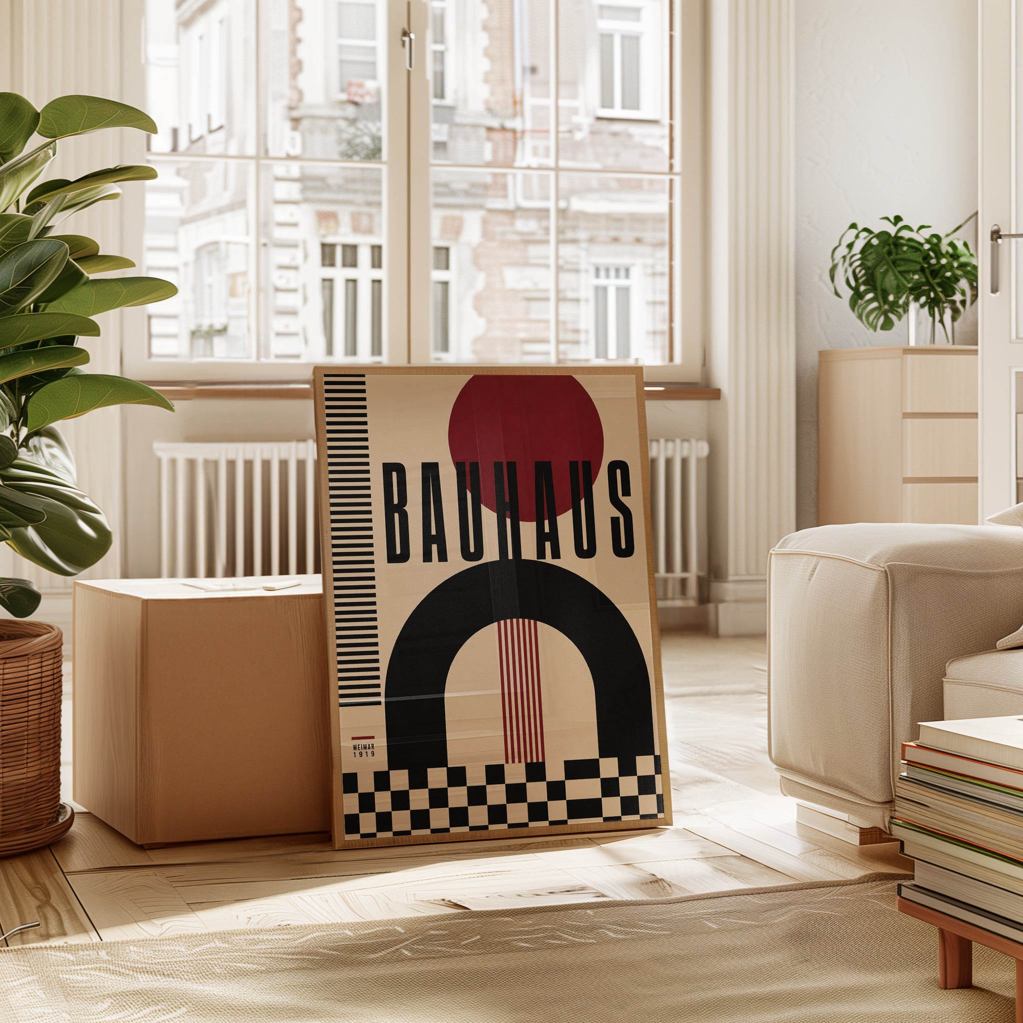 Bauhaus Wall Art Print – Bold Shapes with Red - interior