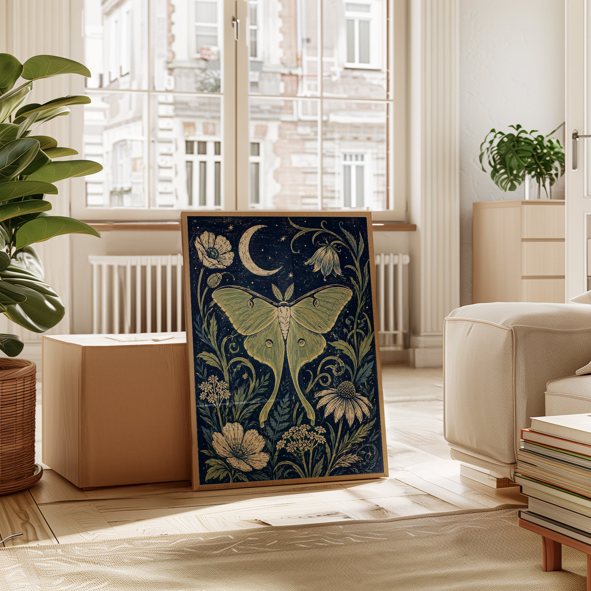 Luna Moth Botanical Print — Art Nouveau Night Garden - interior