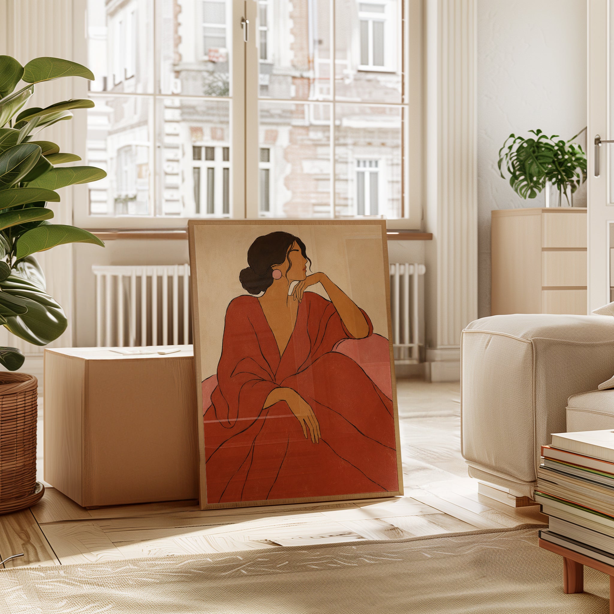 Art Deco Woman in Red: Minimalist Line Art Poster - interior