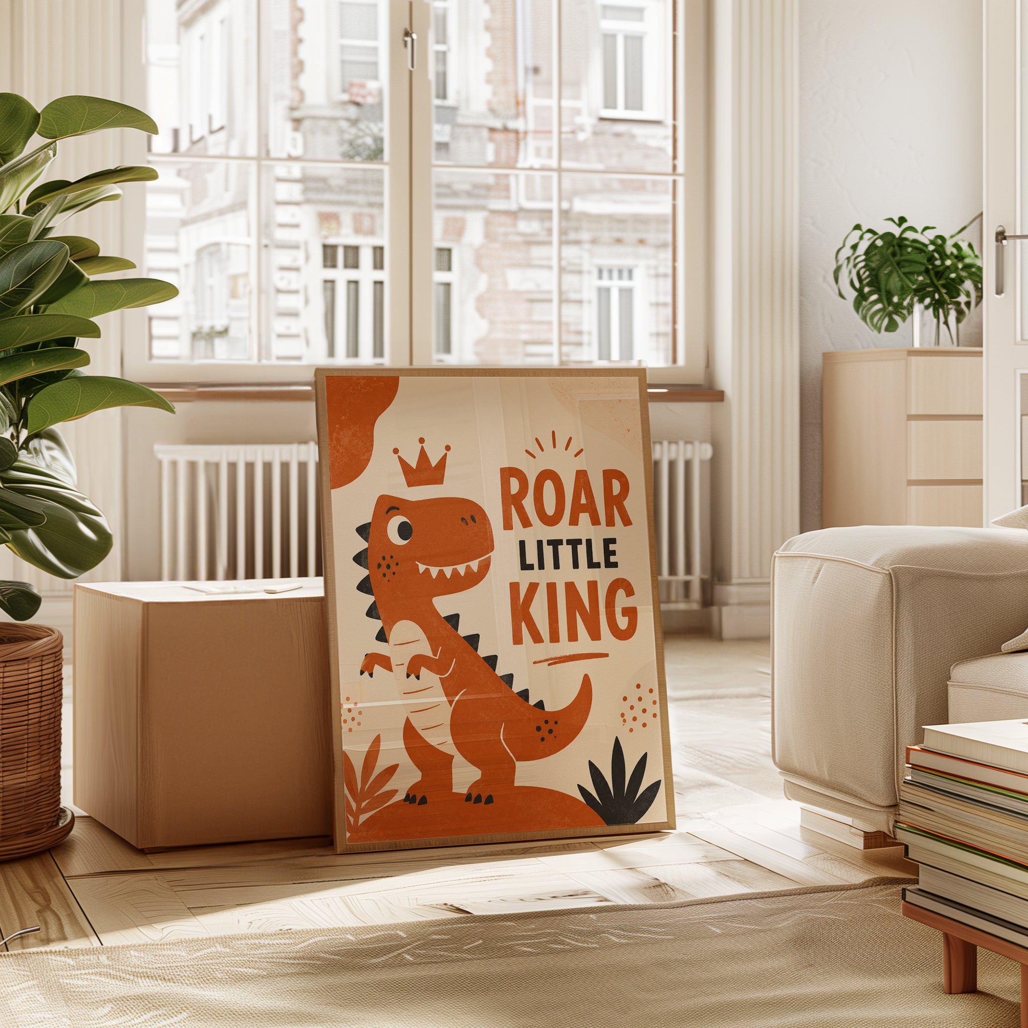 Roar Little King Dinosaur Poster: Retro Orange Nursery Art Print - interior