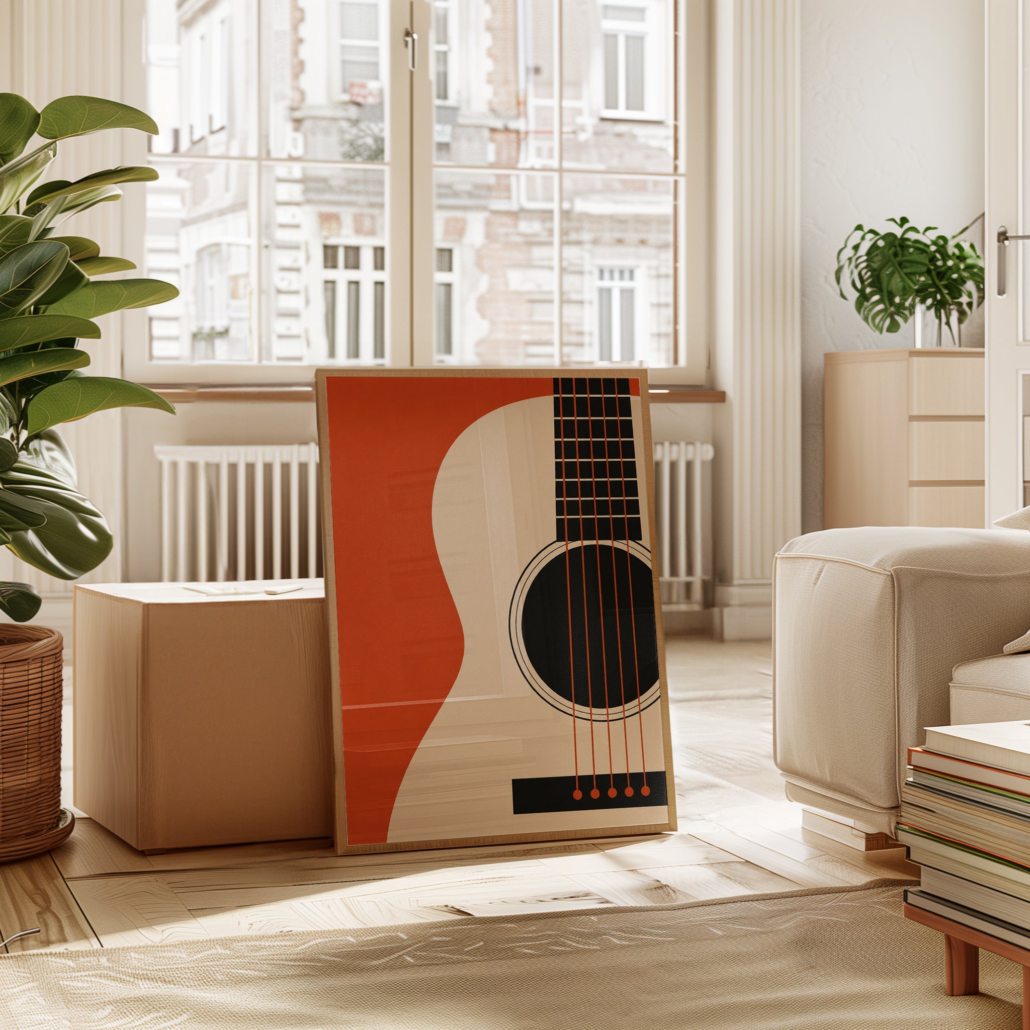 Acoustic Guitar Art Print: Minimalist Orange Geometric Design - interior